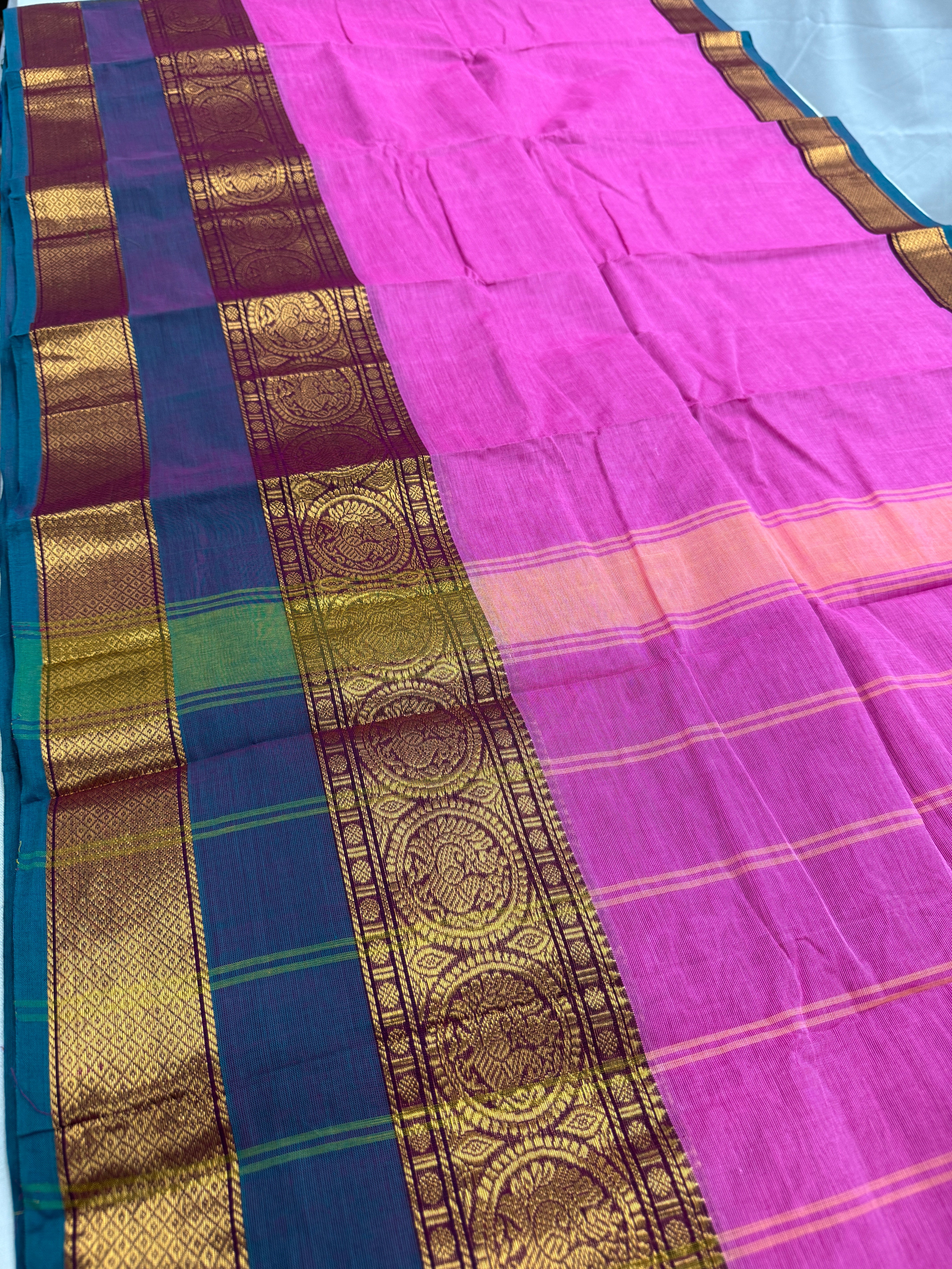 Abira : Handwoven Kanchi Cotton Saree in Pink and Peacock Blue
