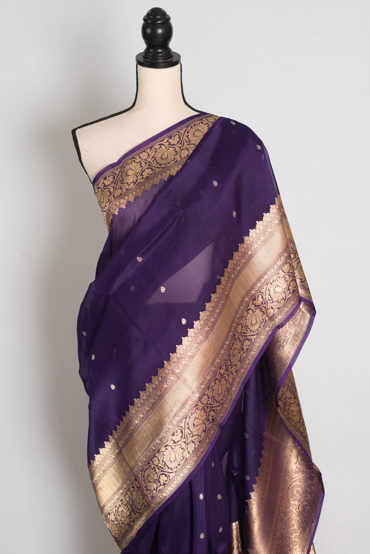 Aparna : Purple and Gold Pure Kora Organza Banarasi Silk Saree with Zari Booti