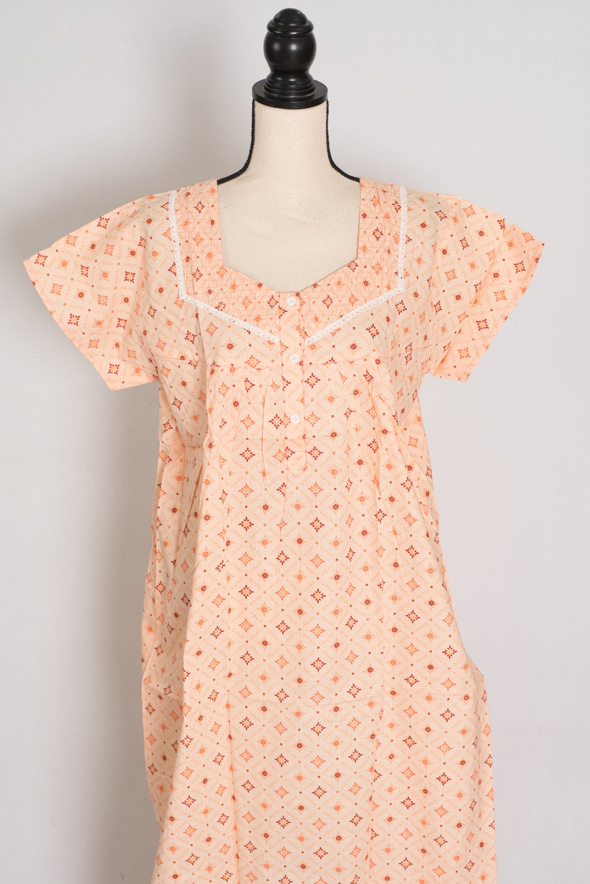 Light Orange Geometric Floral Print Pure Cotton Indian Nightgown