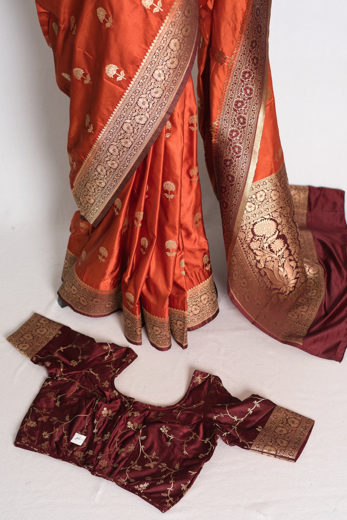 Mati: Rust Orange and Brown Semi Mashru Silk Banarasi Saree with 36 Size Blouse