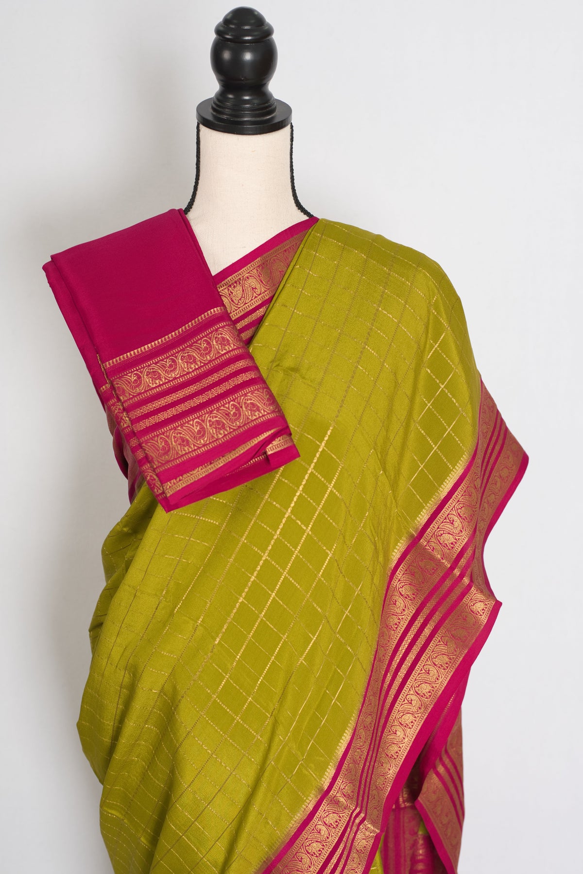 Maya – Moss Green and Dark Pink Checked Pure Mysore Silk Saree