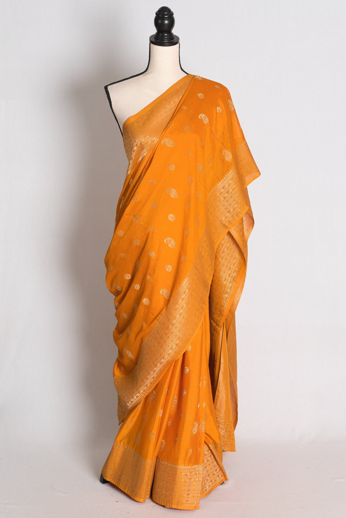 Harini: Turmeric Yellow Semi Georgette Banarasi Saree with 40 Size Blouse
