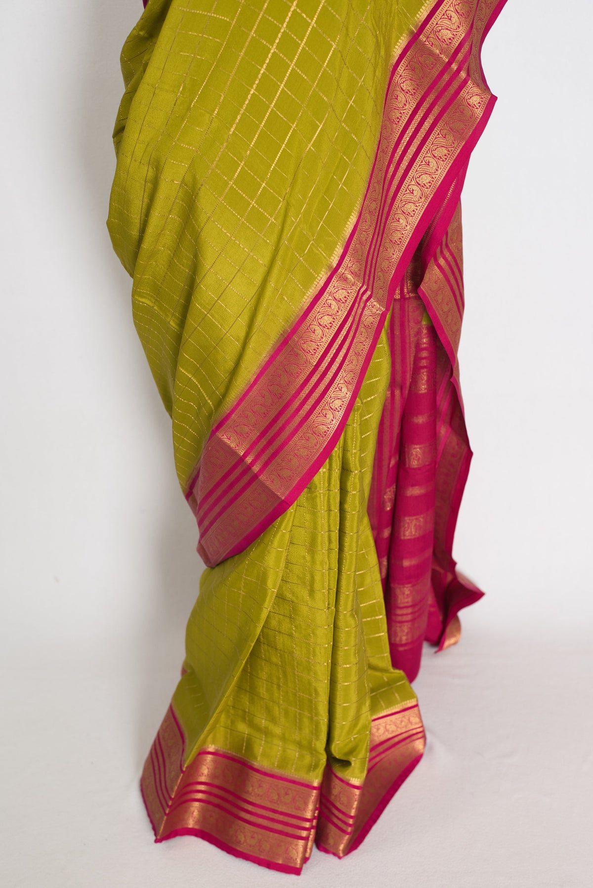 Maya – Moss Green and Dark Pink Checked Pure Mysore Silk Saree
