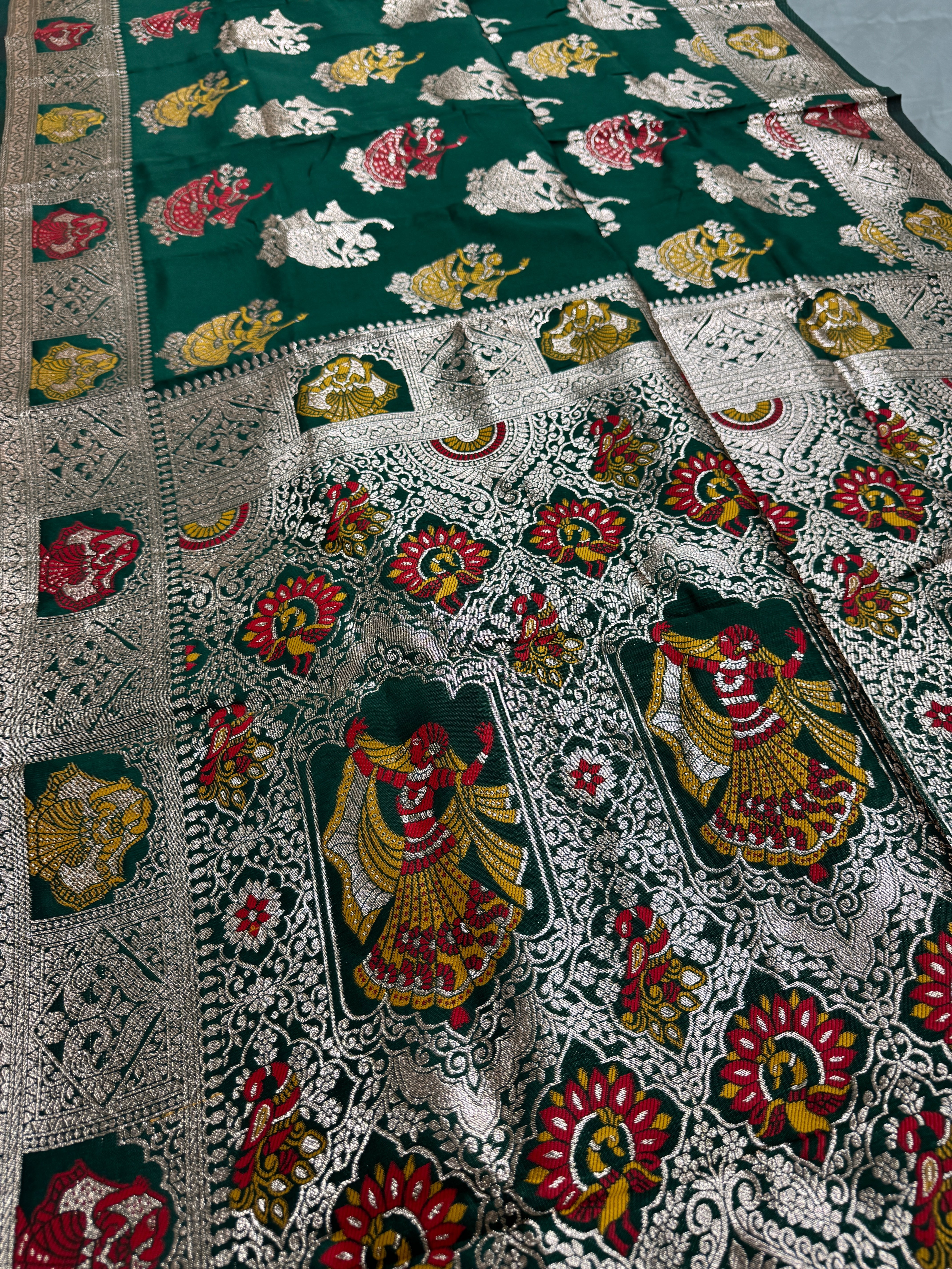 Rupa : Bottle Green Budget Friendly Baluchari Saree in Blended Silk