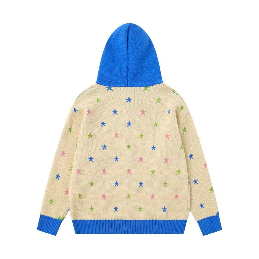 Starry Contrasting Hooded Knitted Sweater