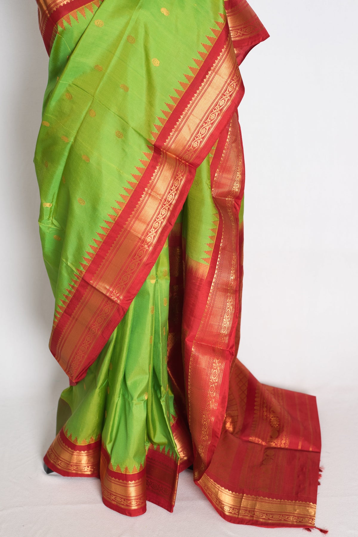 Nabanita : Parrot Green and Red Handwoven Pure Gadwal Silk Saree