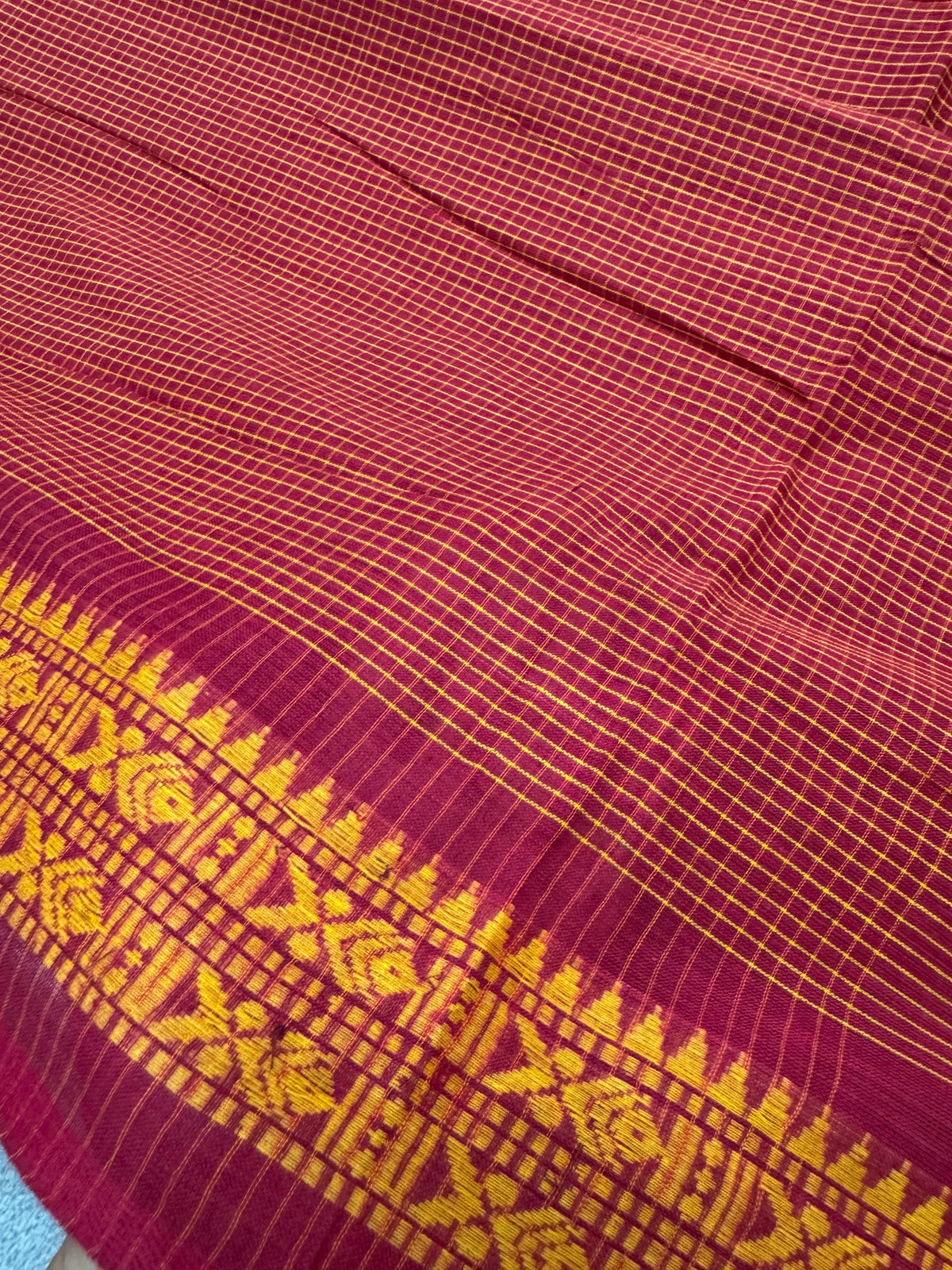 Mahua : Red and Yellow Soft Cotton Dhaniakhali Saree