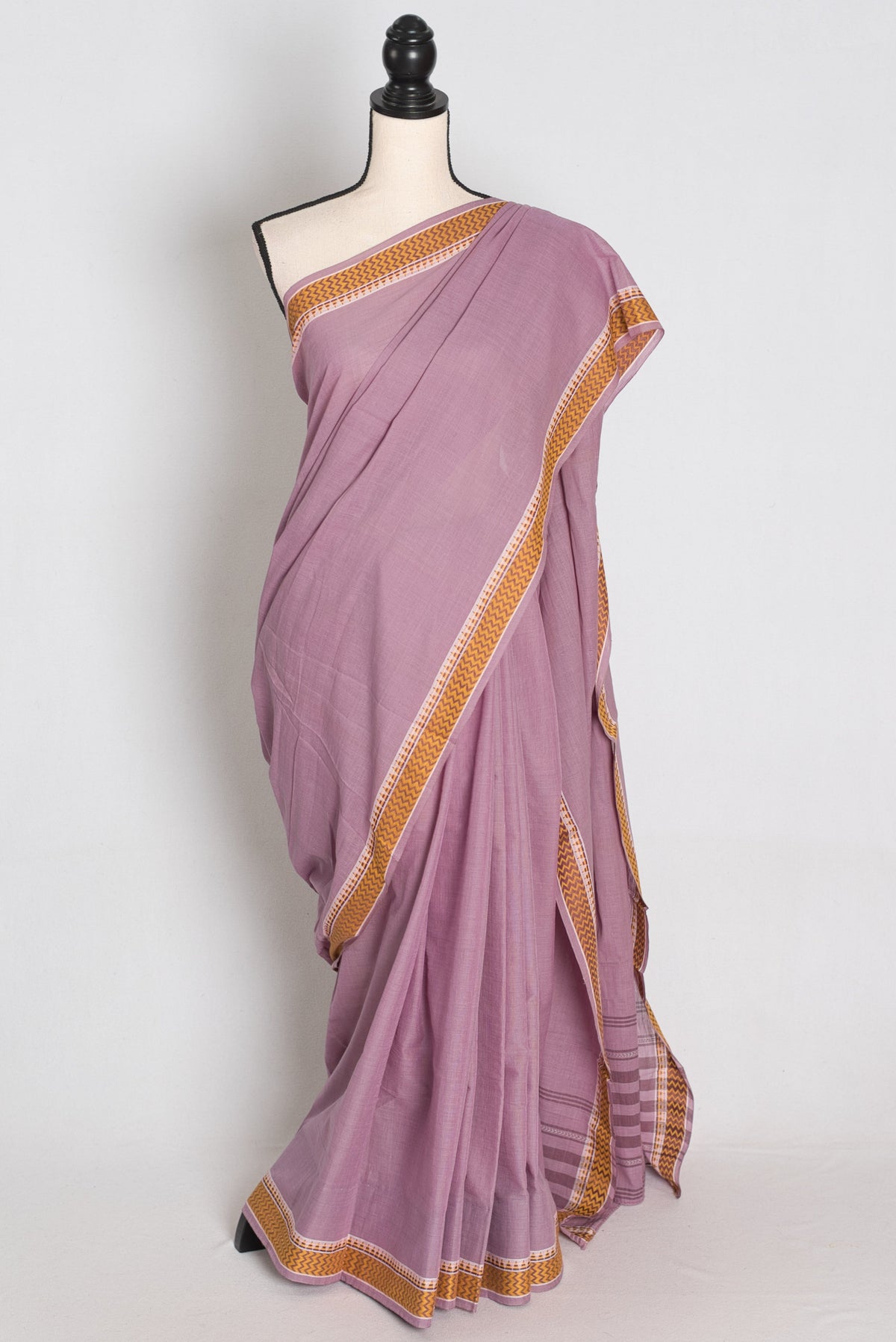 Mita – Mauve Soft Cotton Dhaniakhali Saree with Sleek Yellow Border