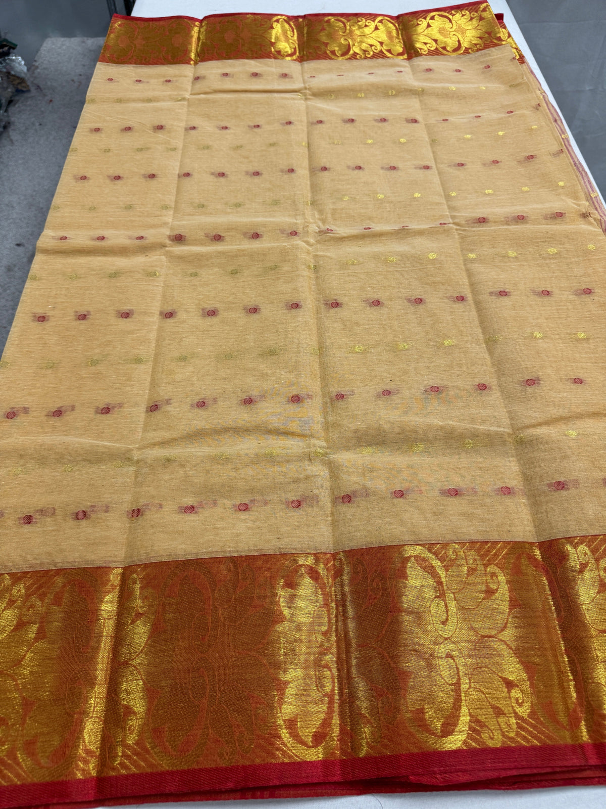 Gita : Beige and Red Bengal Handloom Pure Cotton Tant Saree with Hazar Buti