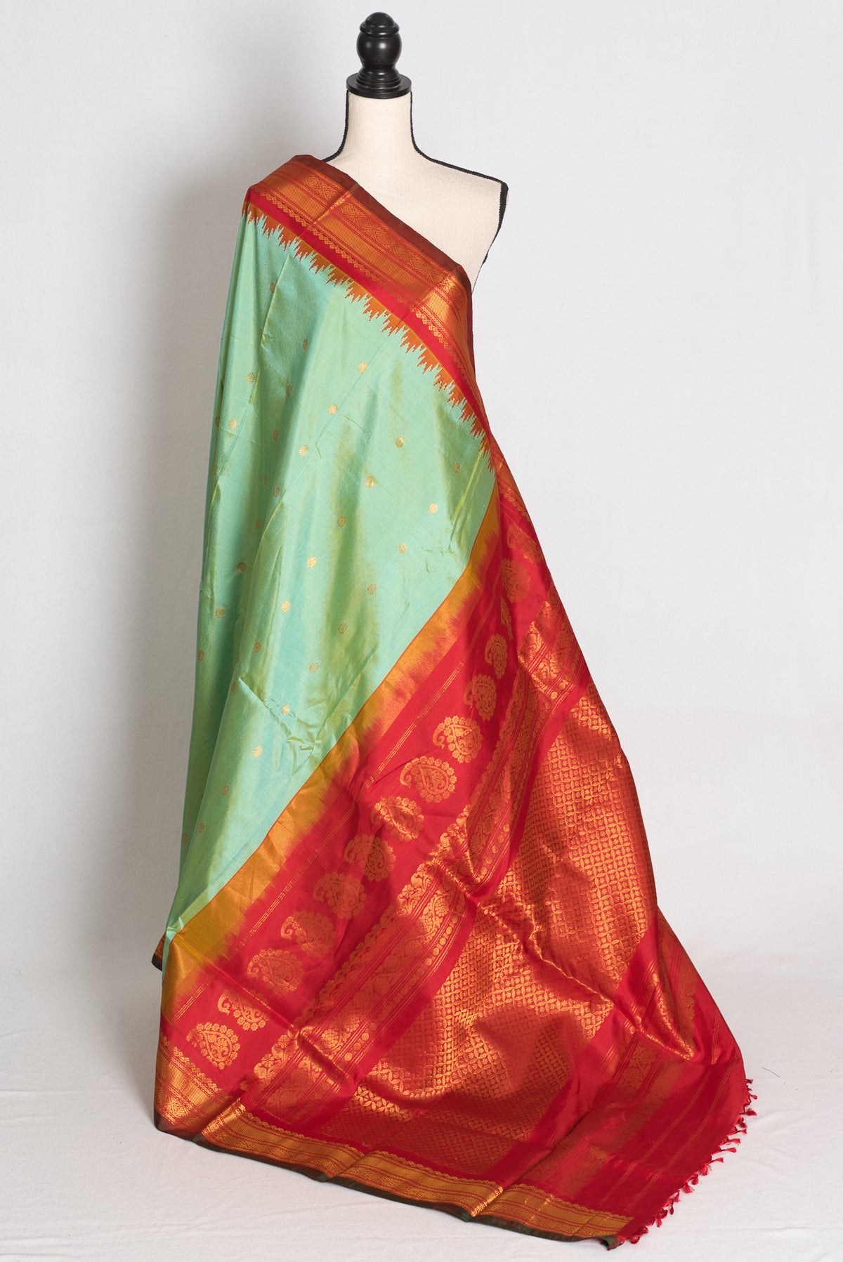 Girija : Sea Green and Red Handwoven Pure Gadwal Silk Saree