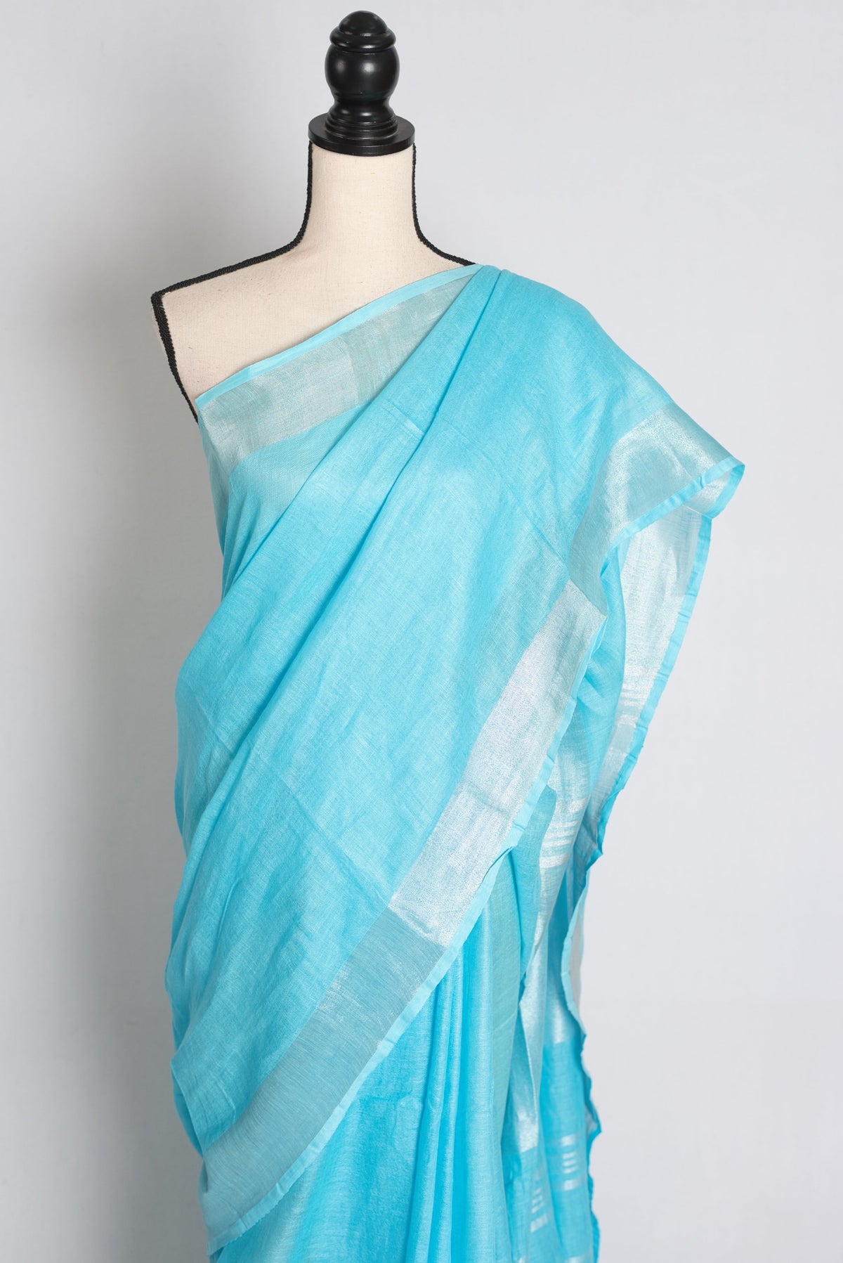 Arusi : Sky Blue Pure Linen Saree with Silver Zari Border
