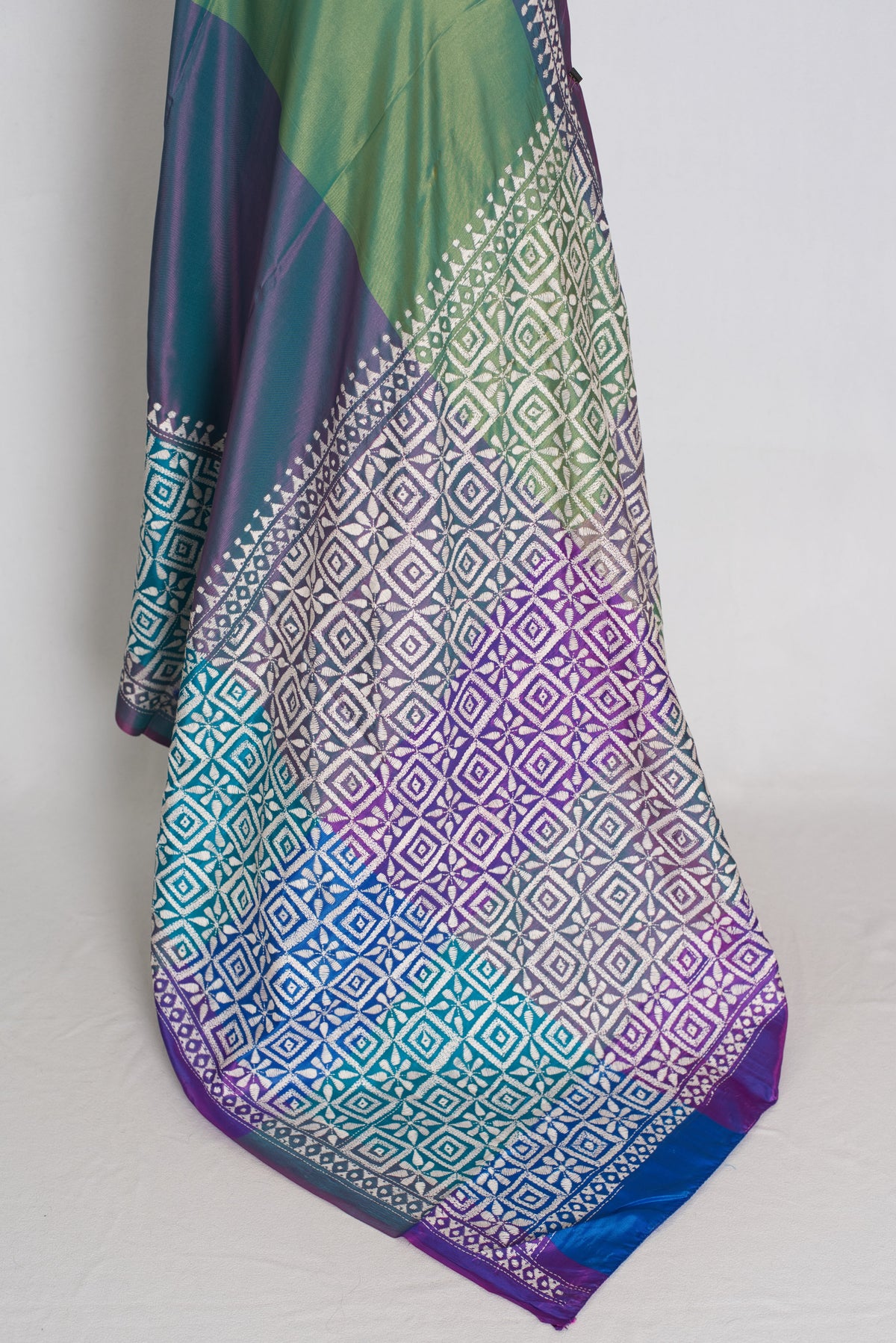 Kavitha : Tri-Color Hand Embroidered Kantha Stitch Bishnupur Blended Silk Saree