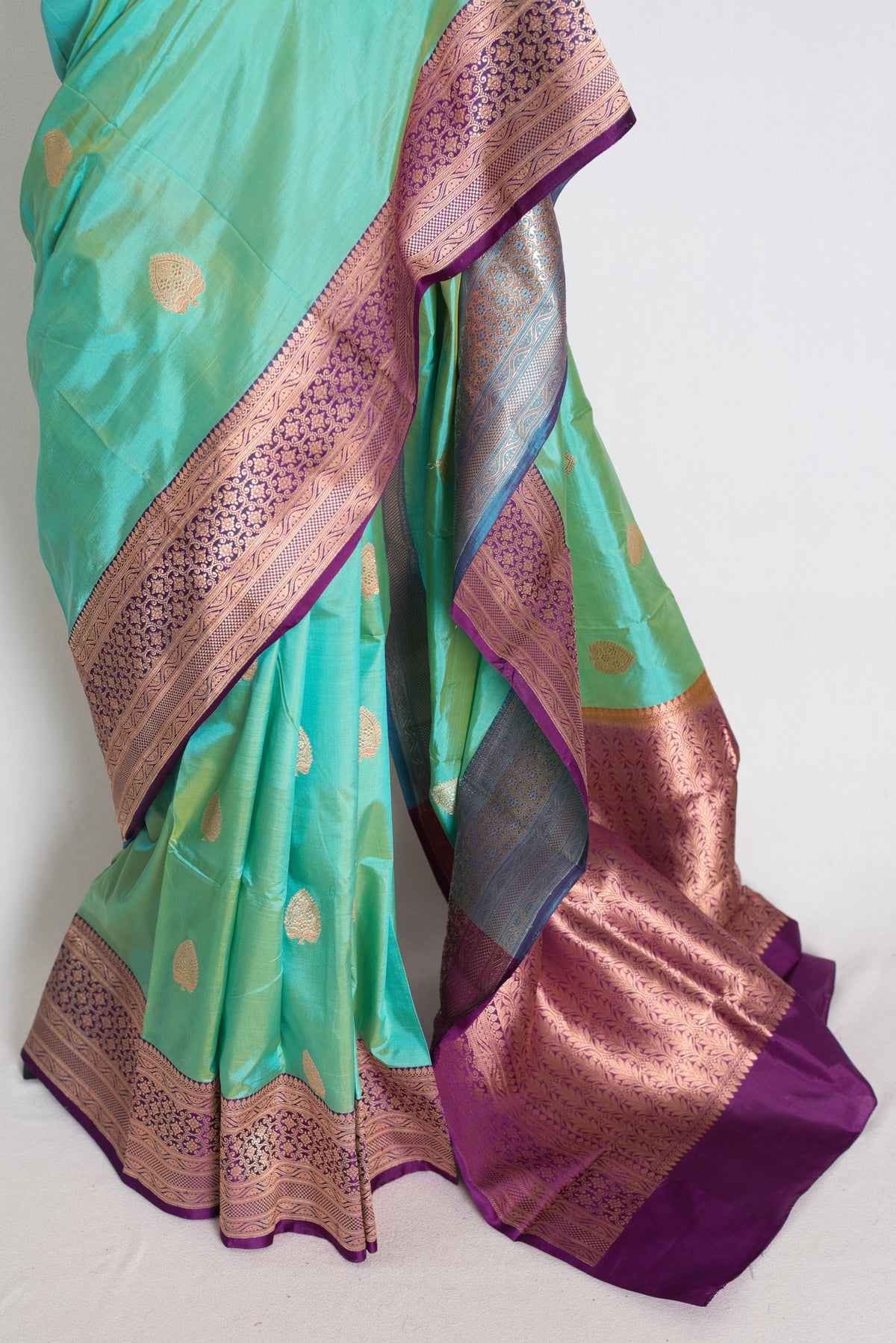 Sumana : Sea Green and Royal Purple Pure Banarasi Katan Silk Saree