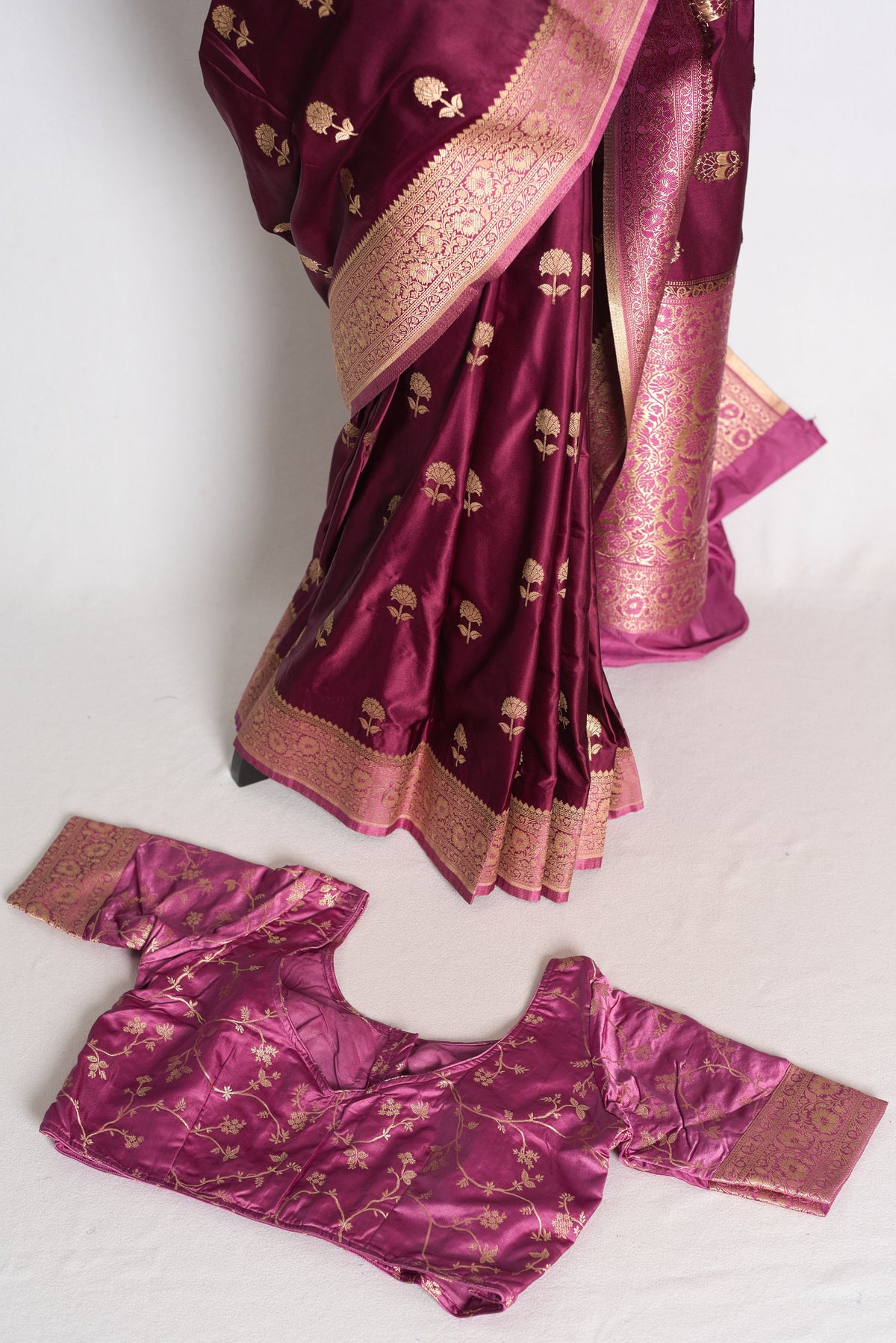 Ritaja : Deep Wine and Pink Semi Mashru Banarasi Silk Saree with 42 Size Blouse