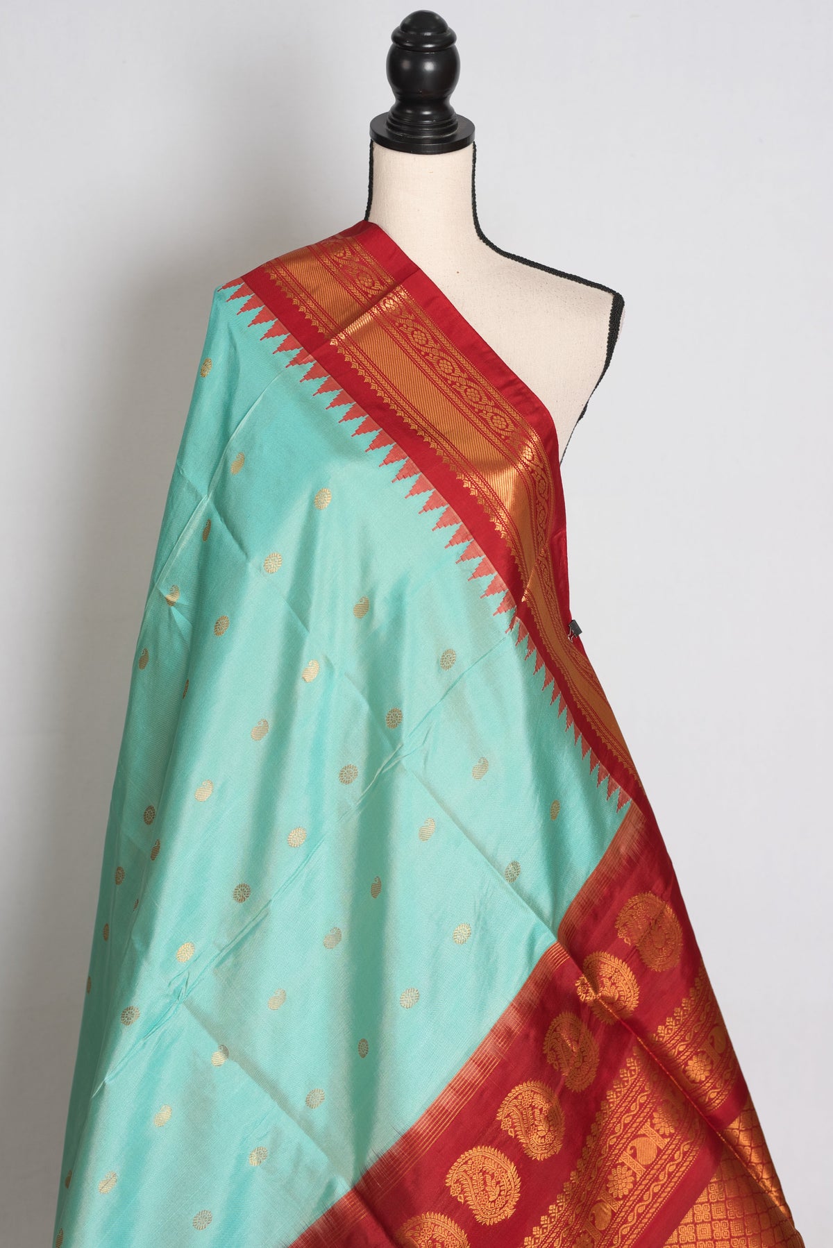 Shreya : Sea Blue & Red Handwoven Pure Gadwal Silk Saree with Stitched Blouse
