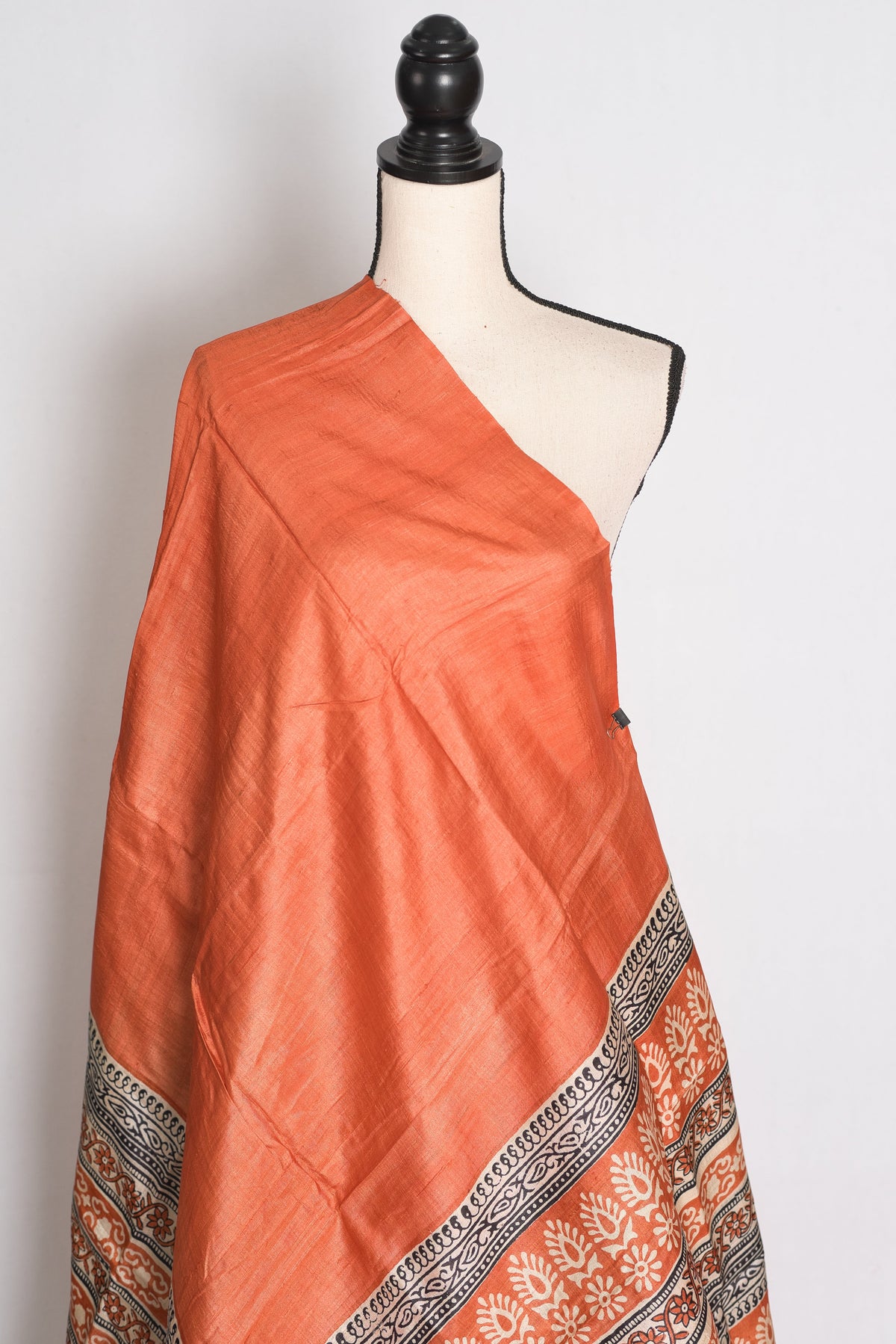 Indu : Orange Block Printed Pure Tussar Silk Saree with 38 Size Blouse