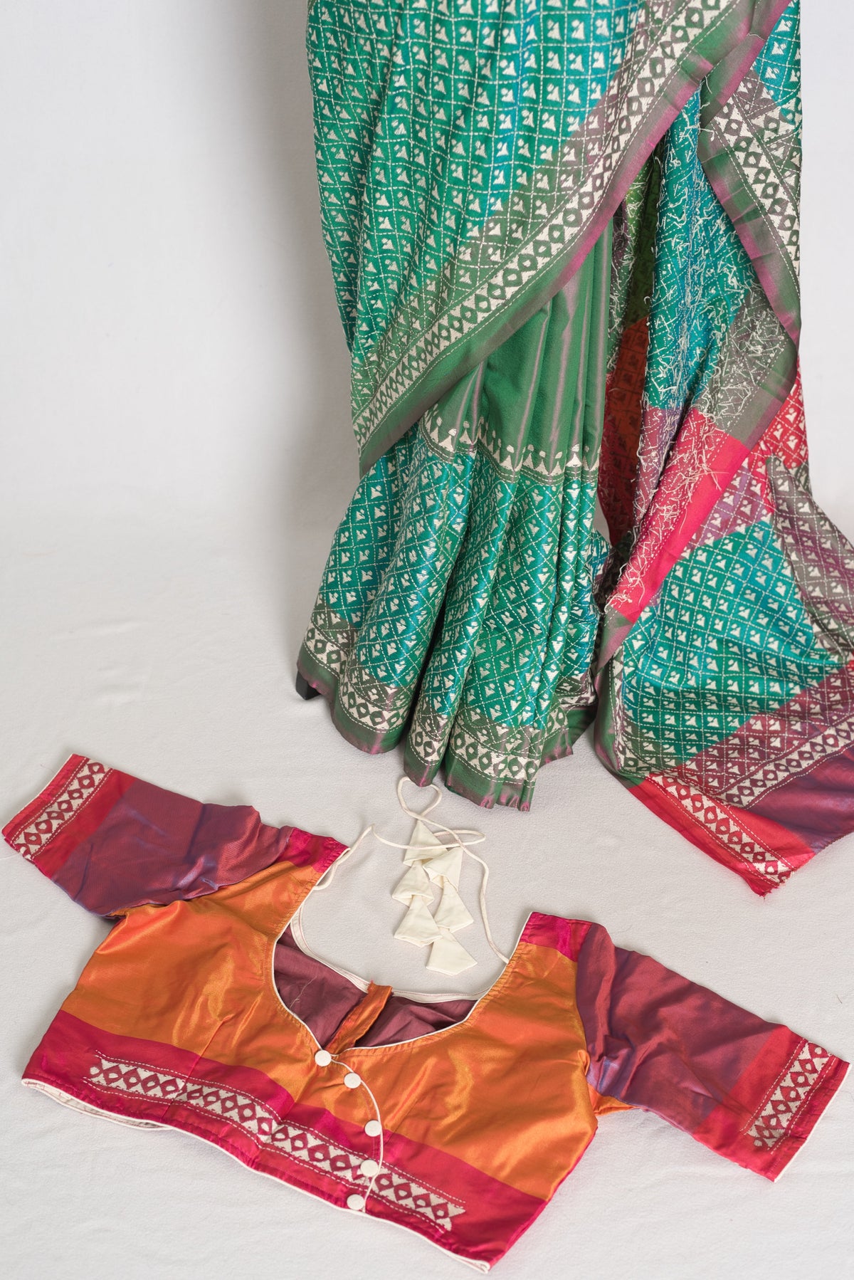 Damini : Green Semi Silk Kantha Embroidery Saree with 42 Size Stitched Blouse