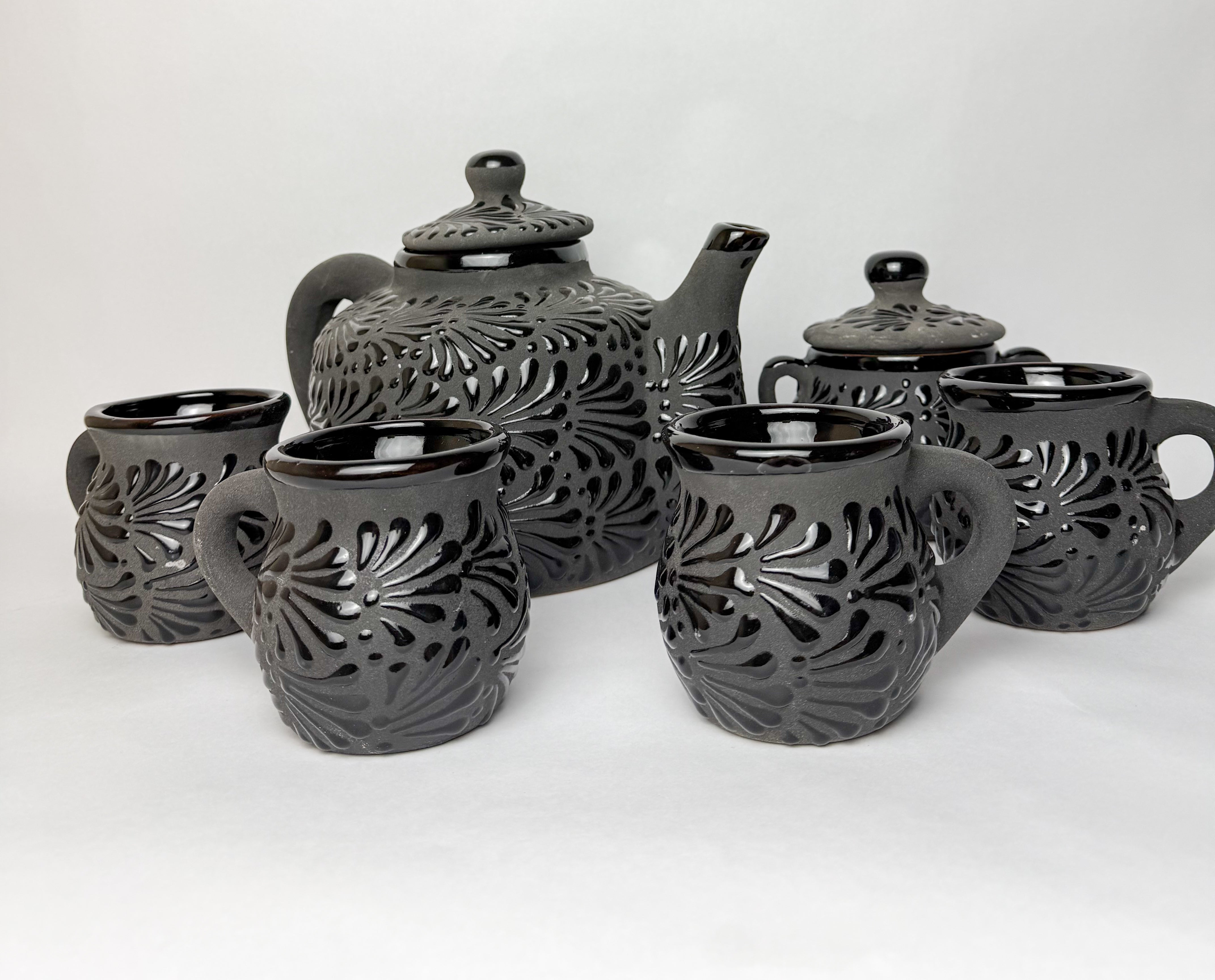 Mexican Black Talavera Style Tea Set Set 6pc - Juego de Te