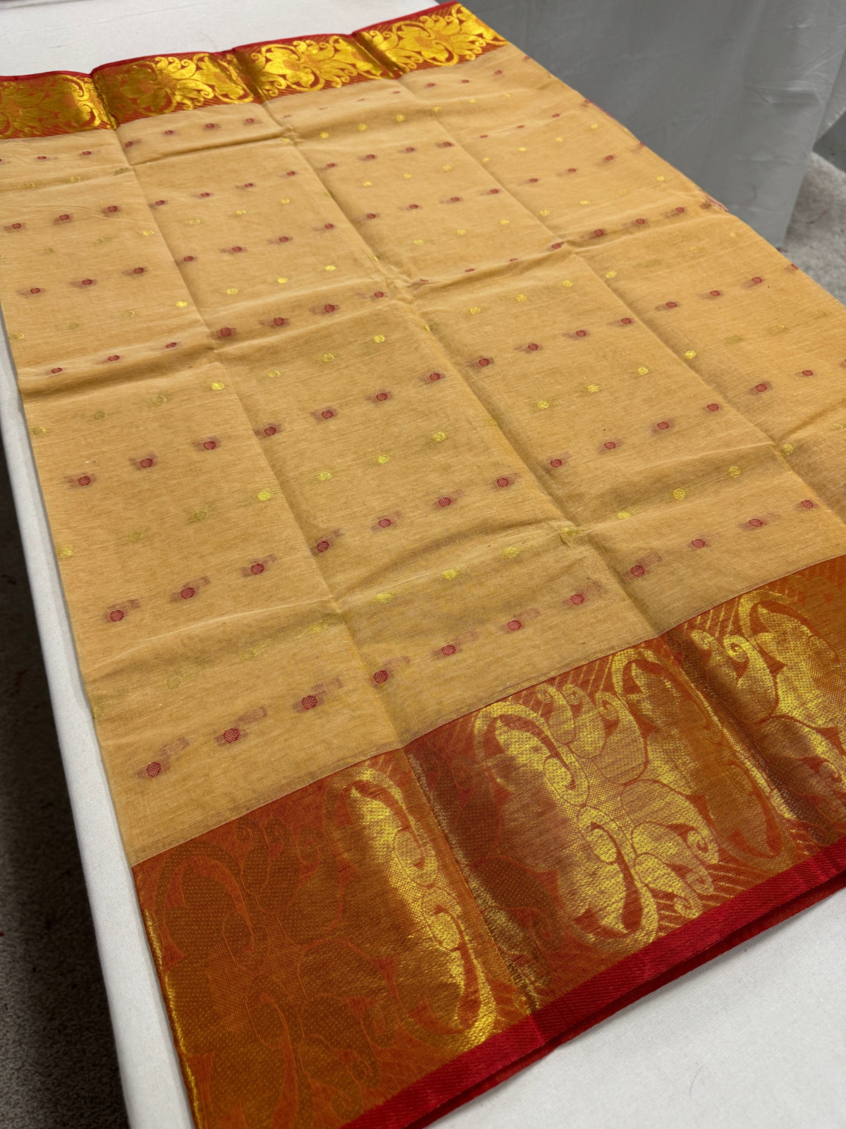 Gita : Beige and Red Bengal Handloom Pure Cotton Tant Saree with Hazar Buti