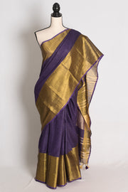 Sreya : Royal Purple Pure Linen Saree with Wide Antique Gold Zari Border