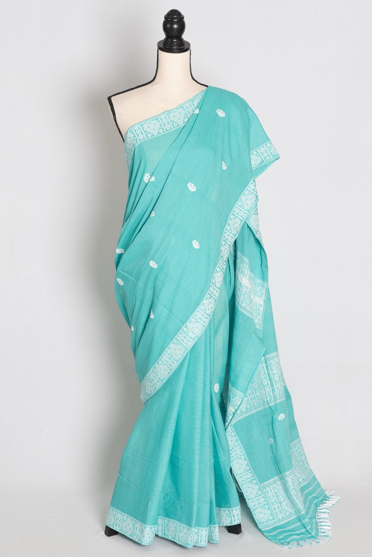 Ashmi : Sea Green & White Soft Pure Cotton Handloom Assamese Saree