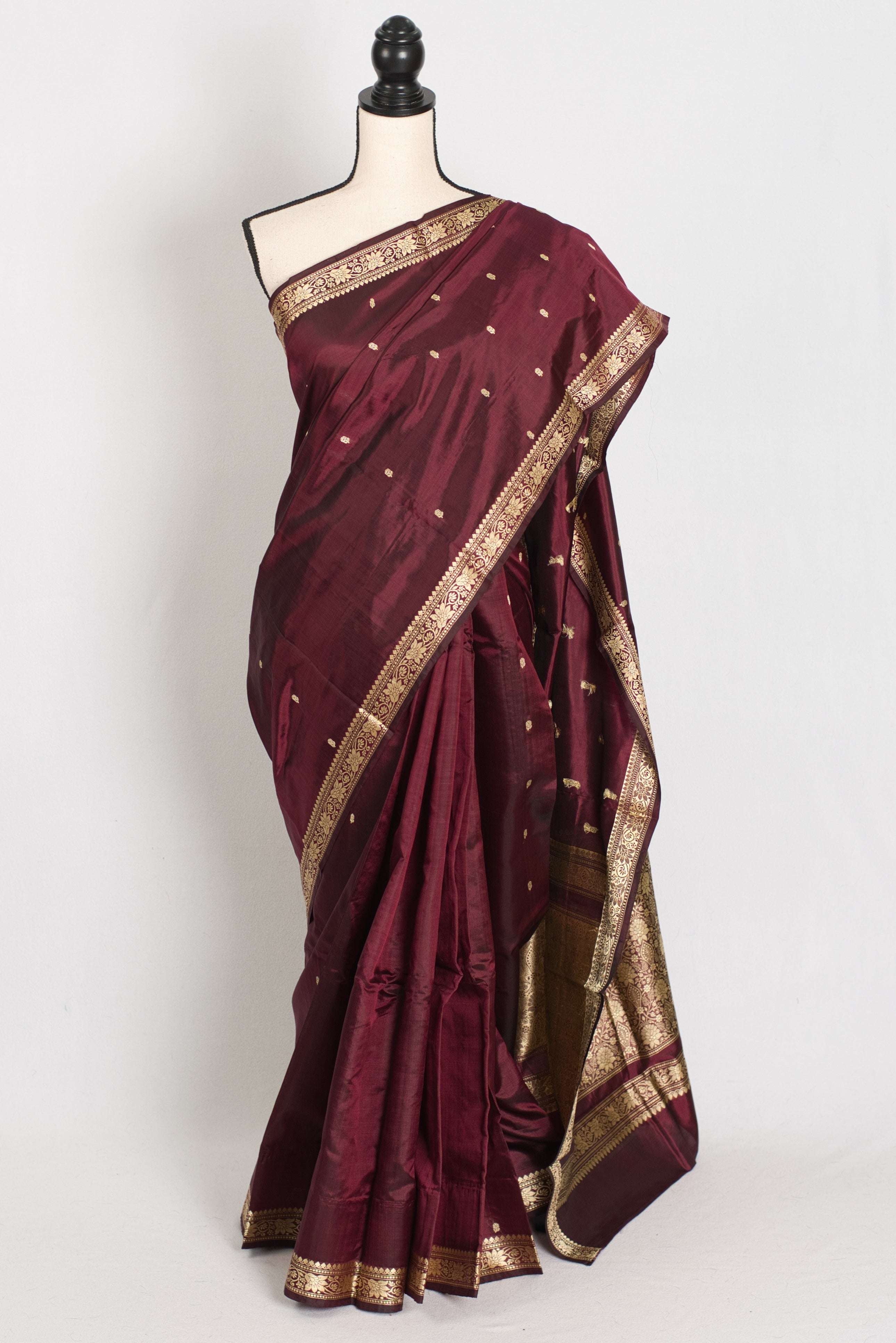 Noori : Certified Silk Burgundy Banarasi Katan Silk Saree with Resham Work