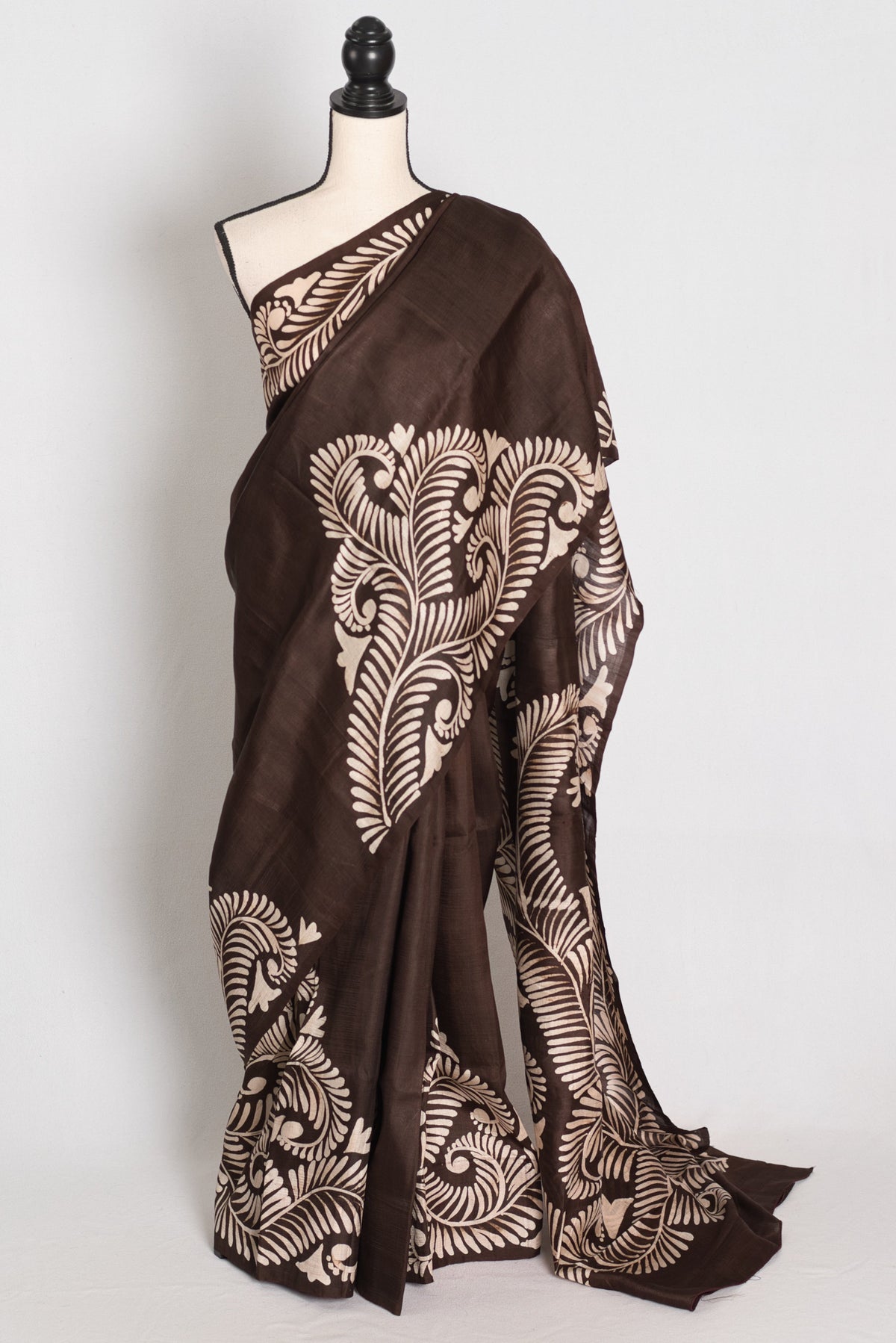 Gayetri : Coffee Brown Hand Batik Pure Murshidabad Silk Saree | Silk Mark