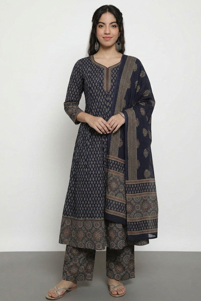 Black Ajrak  Cotton Stitched Anarakali Kurta, Palazzo With Dupatta