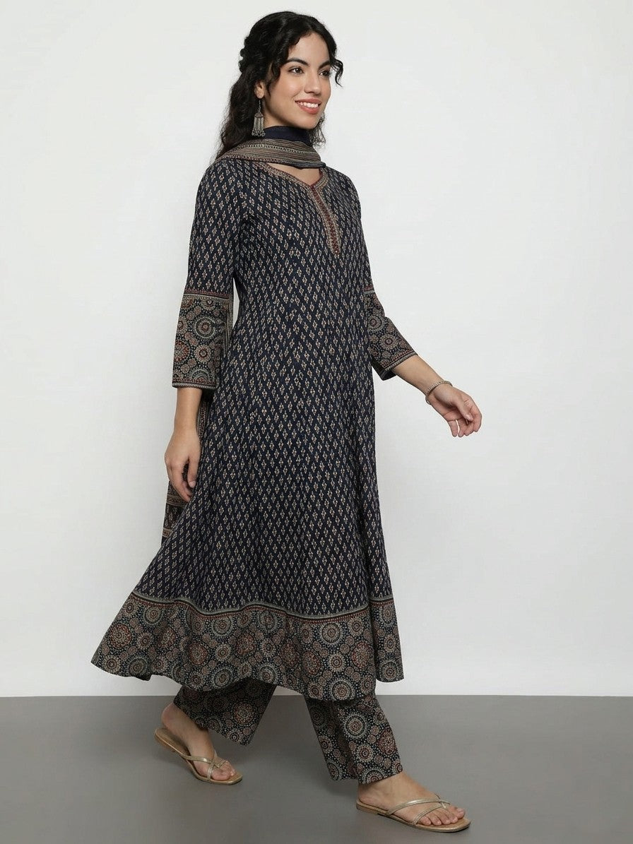 Black Ajrak  Cotton Stitched Anarakali Kurta, Palazzo With Dupatta