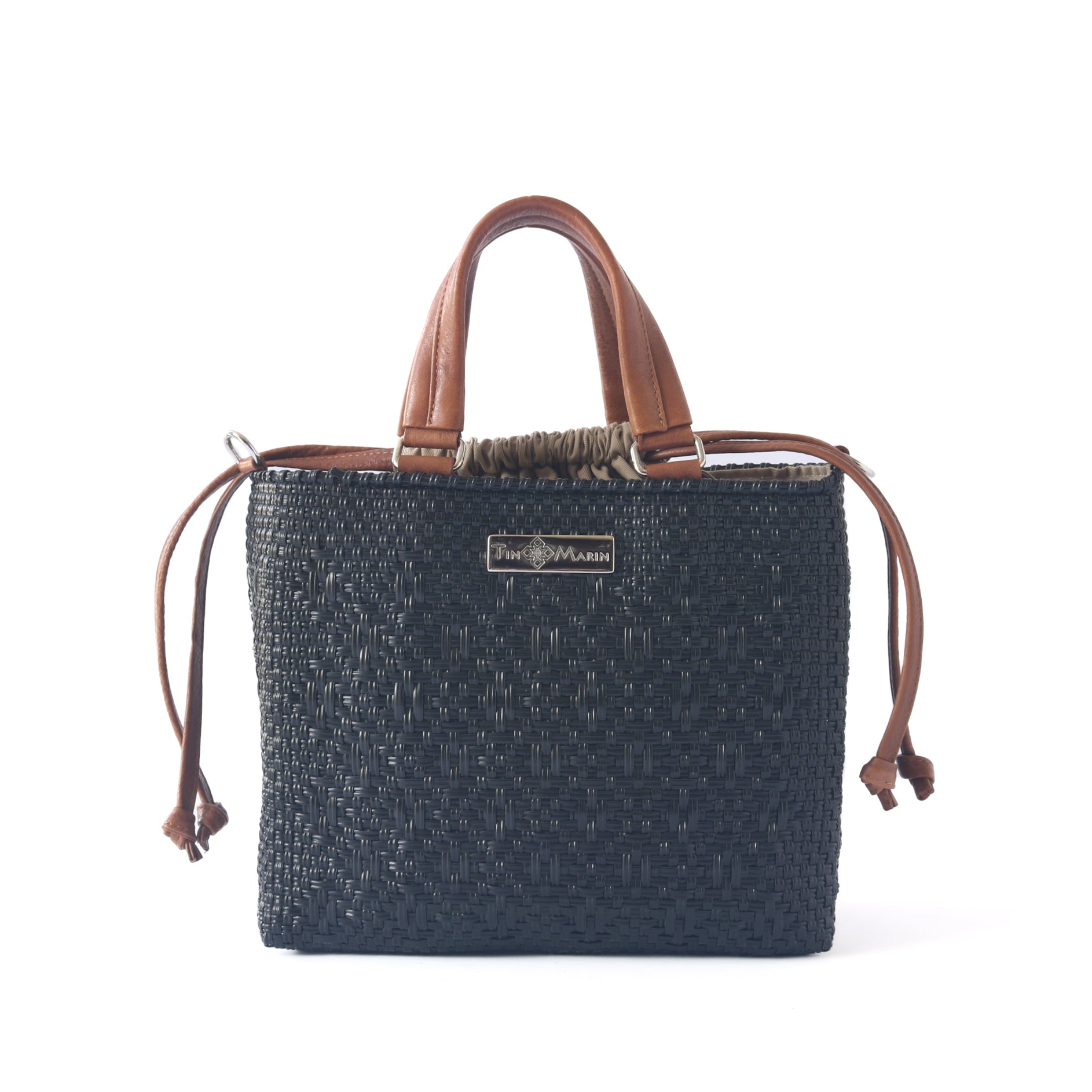 All Black Medium Woven Crossbody Drawstring Bag