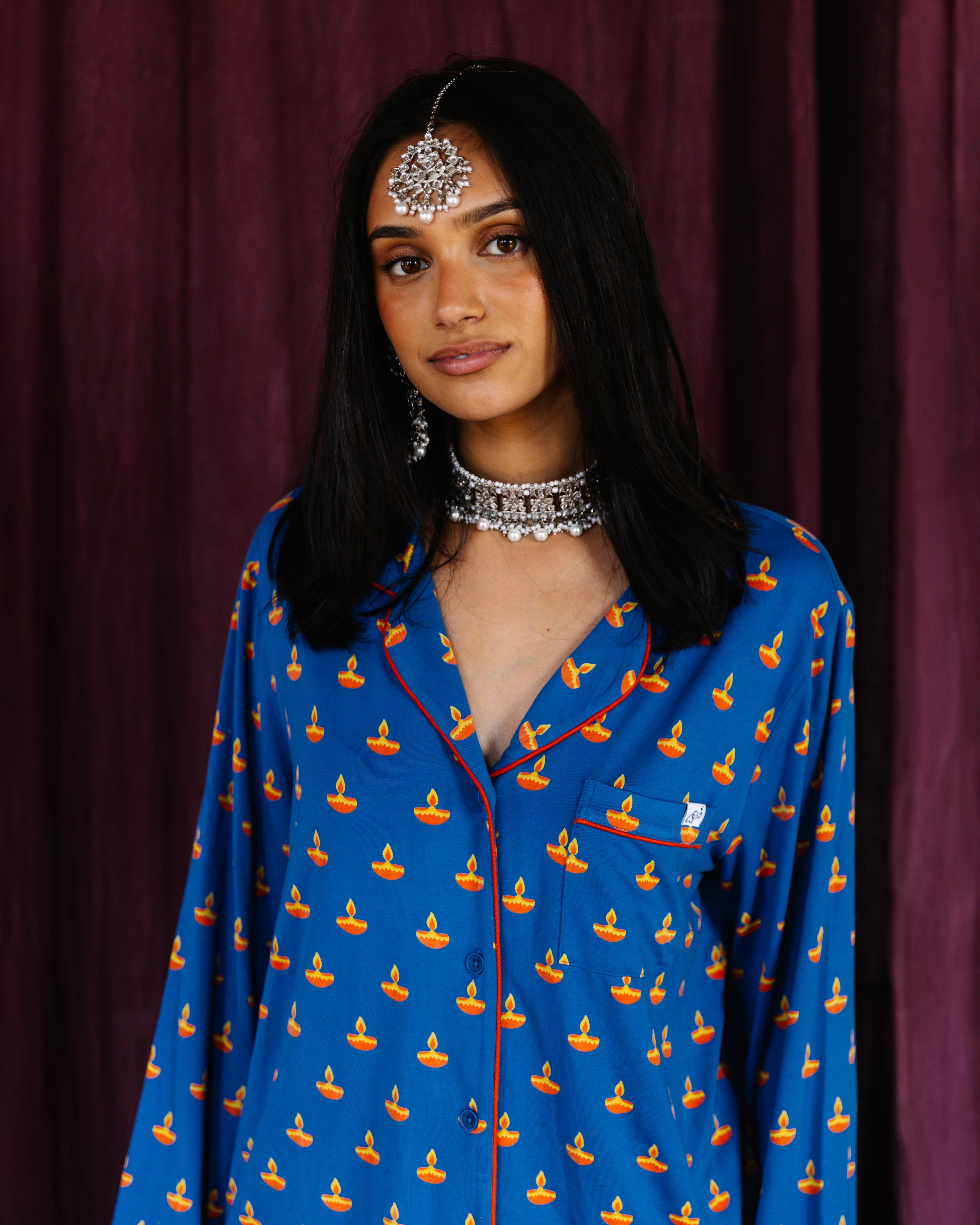 Adult Long Sleeve Button-Down Top – Blue Diya