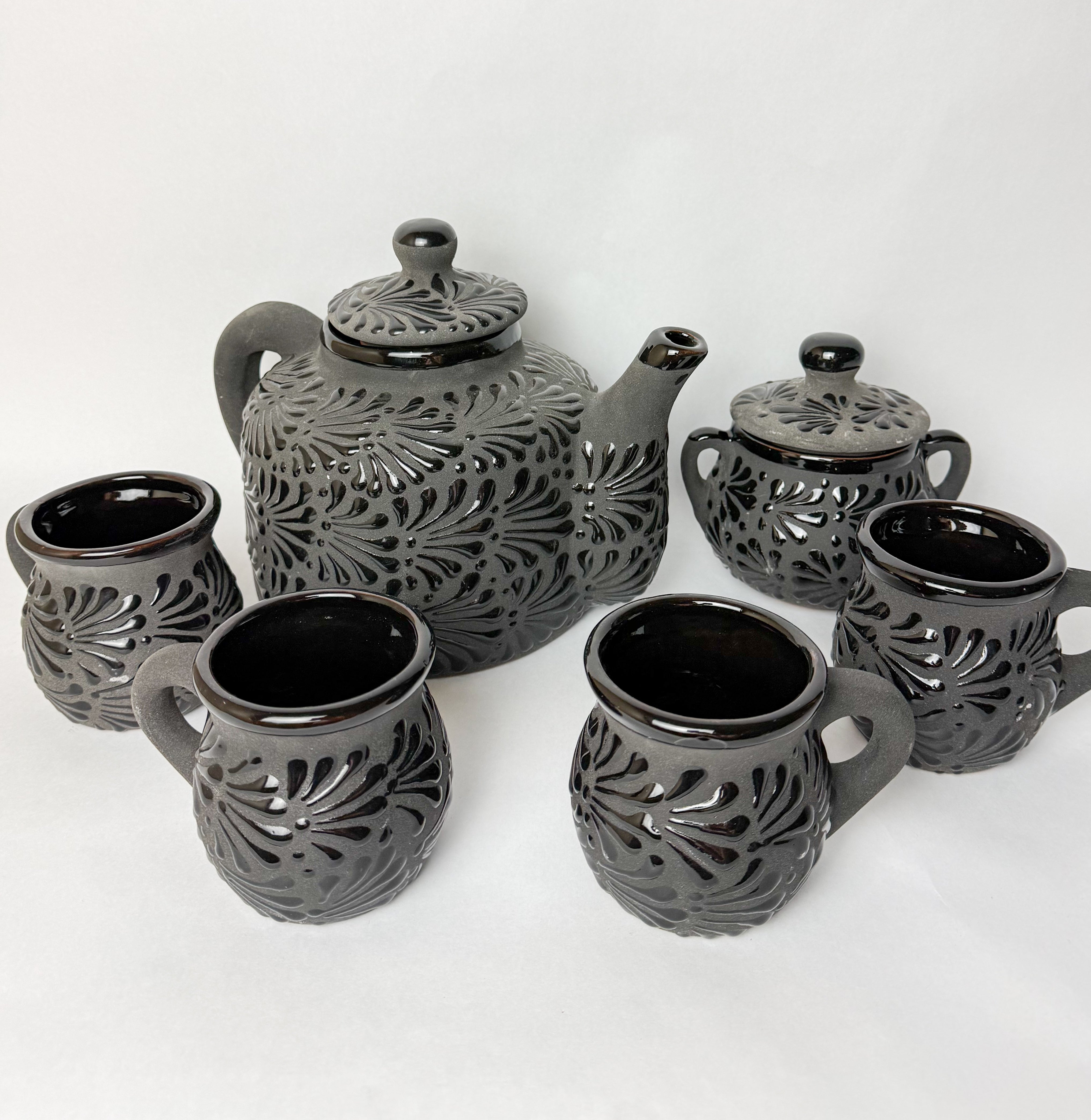 Mexican Black Talavera Style Tea Set Set 6pc - Juego de Te