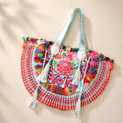 Embroidered Half Moon Ibiza Leather Tote Pom Pom Bag – Thailand