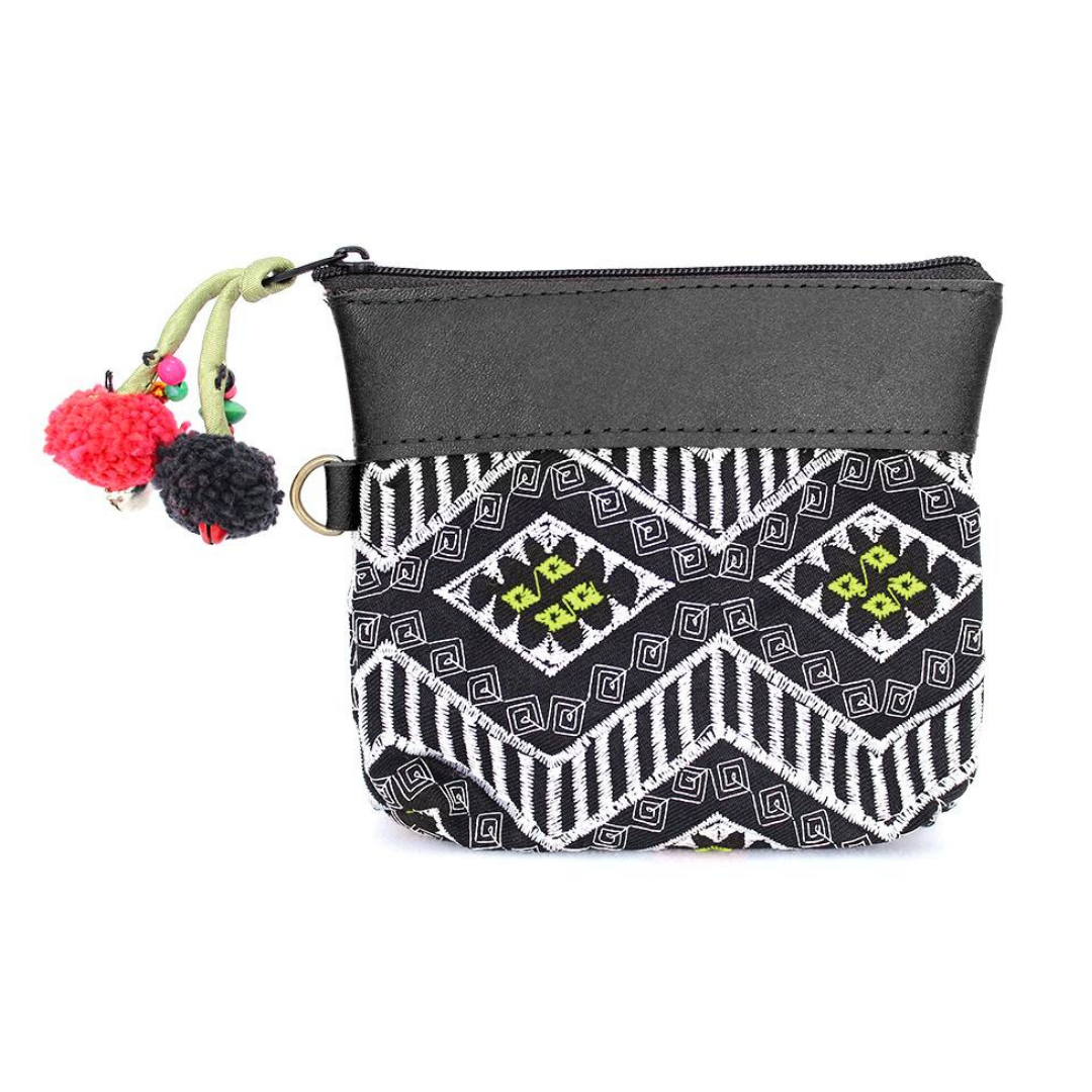 Geometric Leather Coin Purse wit Tassel - Thailand