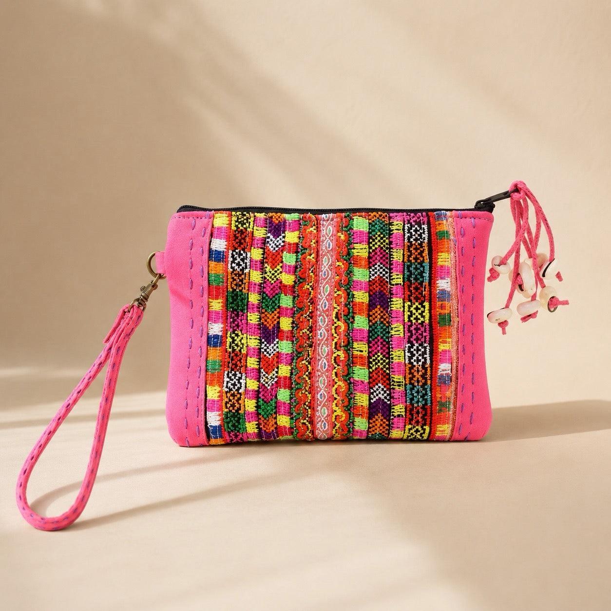 Shelly Vintage Textile Embroidered Unique Leather Wristlet - Thailand