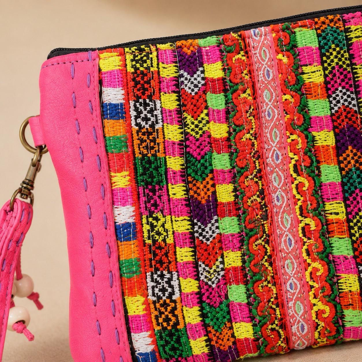 Shelly Vintage Textile Embroidered Unique Leather Wristlet - Thailand