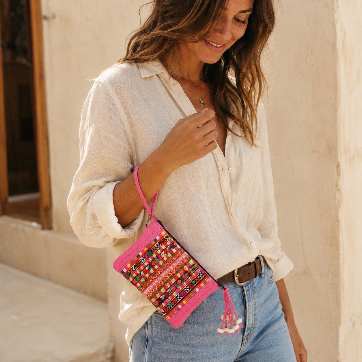 Shelly Vintage Textile Embroidered Unique Leather Wristlet - Thailand