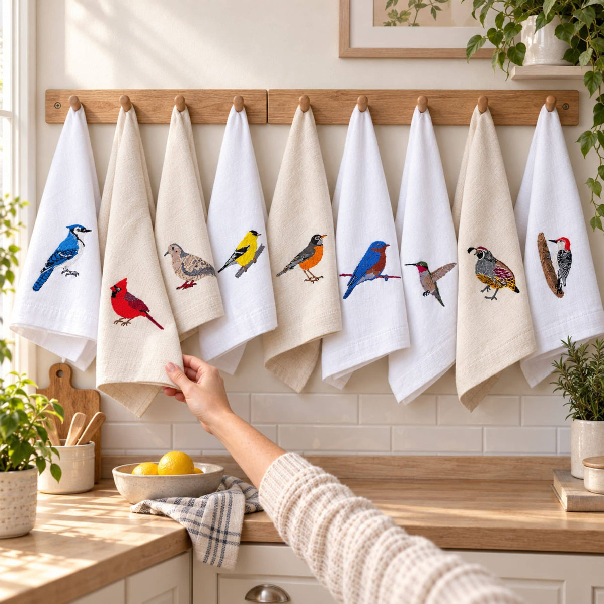 100% Cotton Tea Towels with Bird Embroidery - Kitchen Towels
