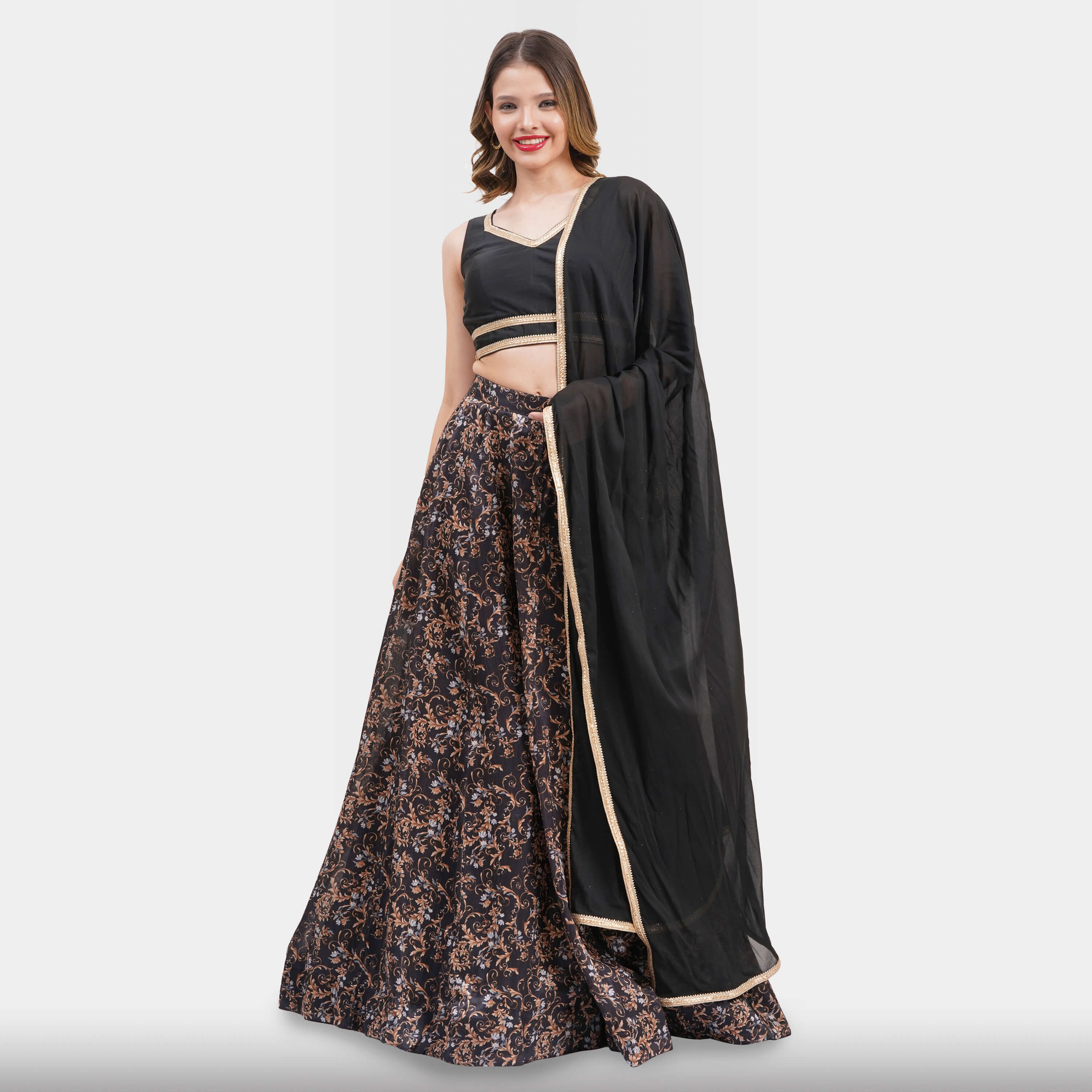 Black Floral Lehenga Choli Set For Evening Wear