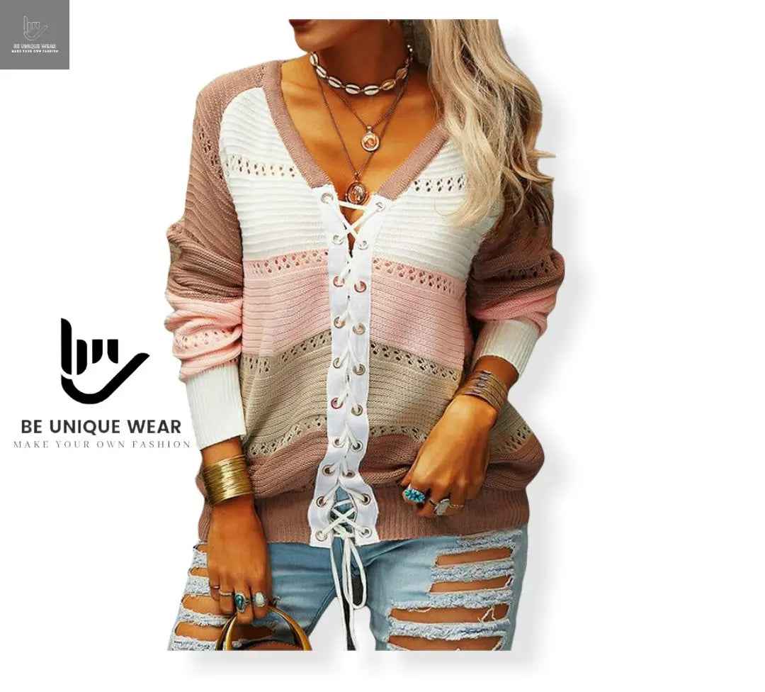 Block Lace Up Cardigan