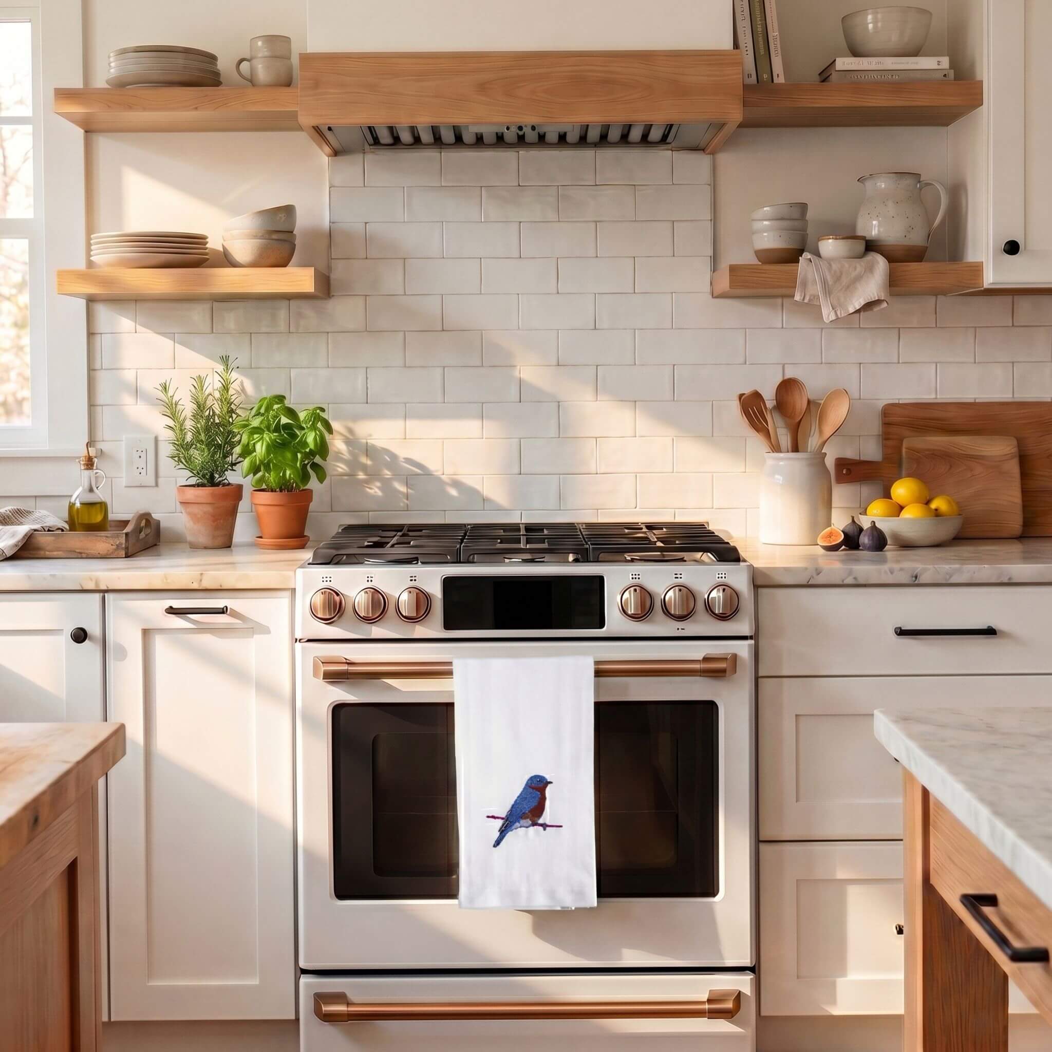 100% Cotton Tea Towels with Bird Embroidery - Kitchen Towels