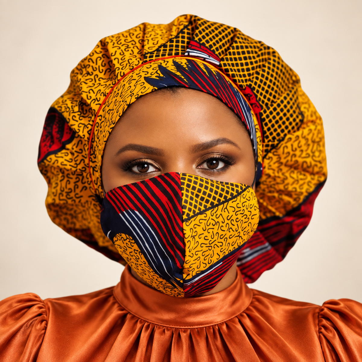 Kente Bonnet & Face Mask (Aqua Blue & Red)