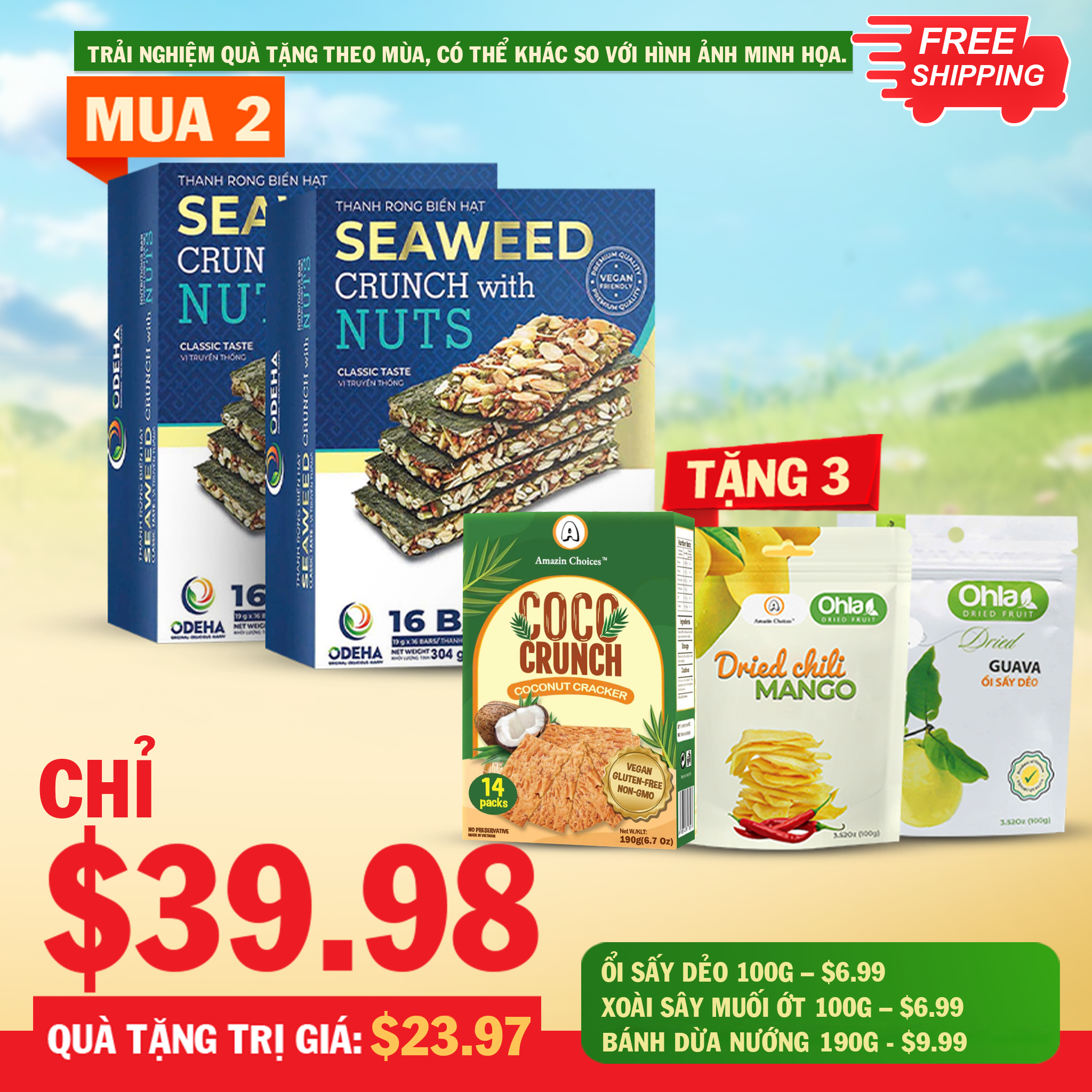 Amazin Choices Premium Seaweed & Nut Snack Bars (2 Boxes, 32 Bars) with a Curated Vietnamese Snack Collection: Soft Dried Spicy Mango, Soft Dried Guava & Toasted Coconut Crackers