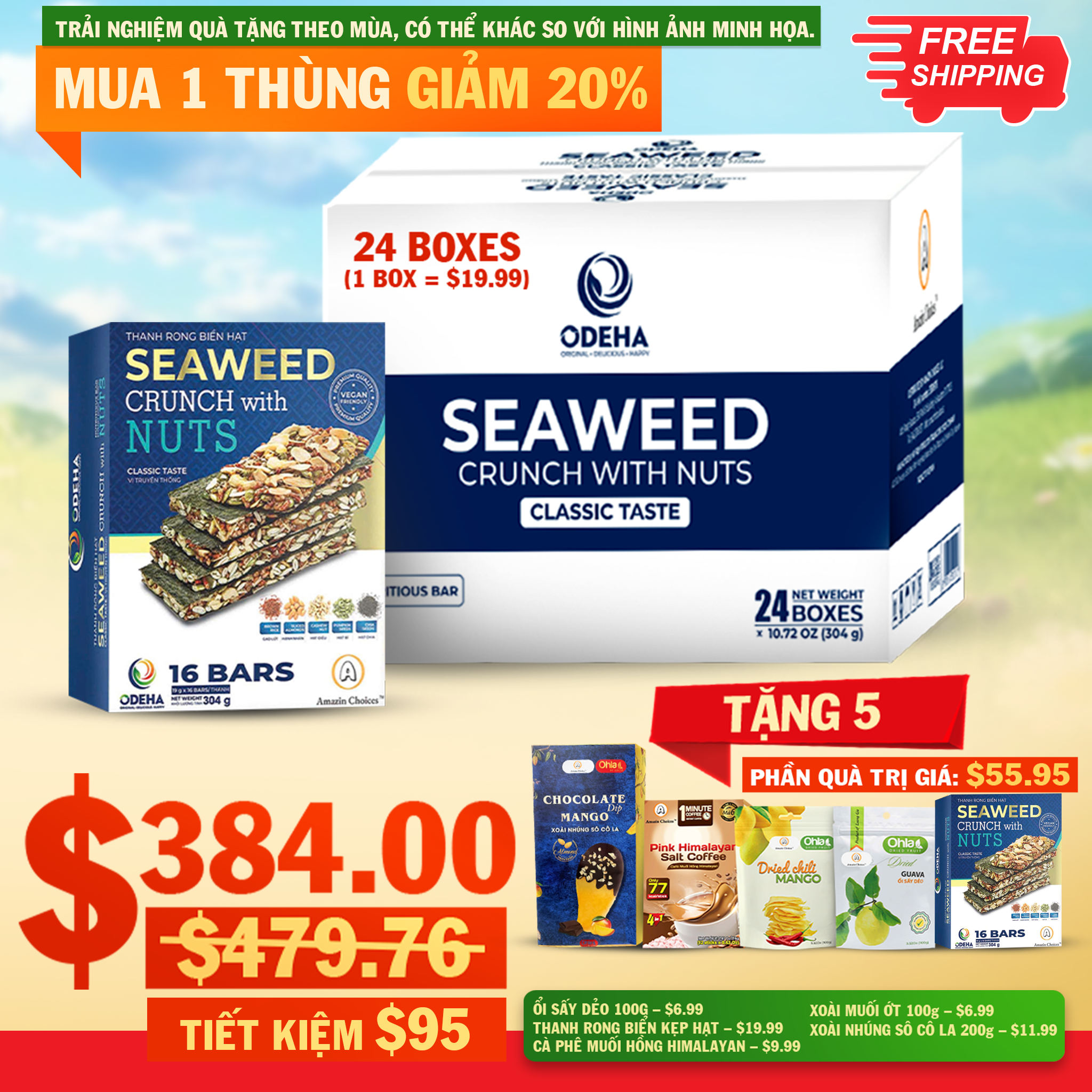 Seaweed & Nut Snack Bars Bulk Case (24 Boxes, 16 Bars Each) with Complimentary Vietnamese Snack Gift Set