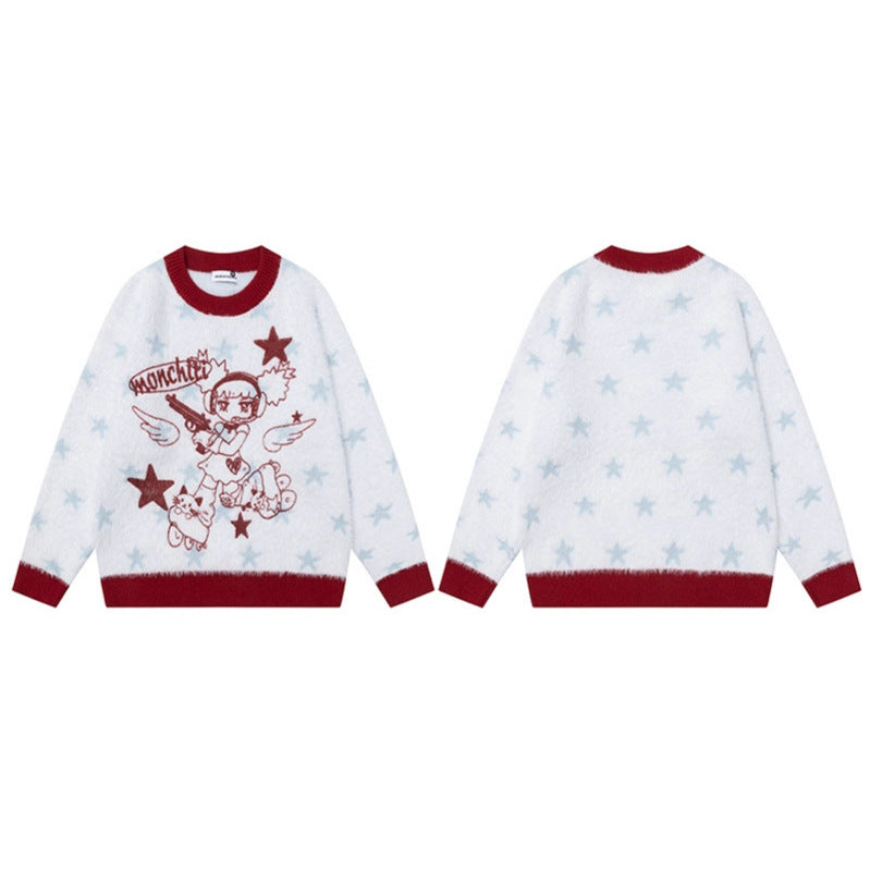 Anime Cartoon Crewneck Sweater – Loose Fit Color-Blocked Top