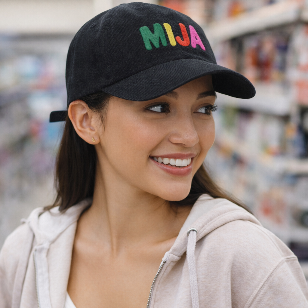 MIJA 100% Corduroy Embroidered Dad Hat Cap | Colorful Chenille Letters | Adjustable Strap | Latinas