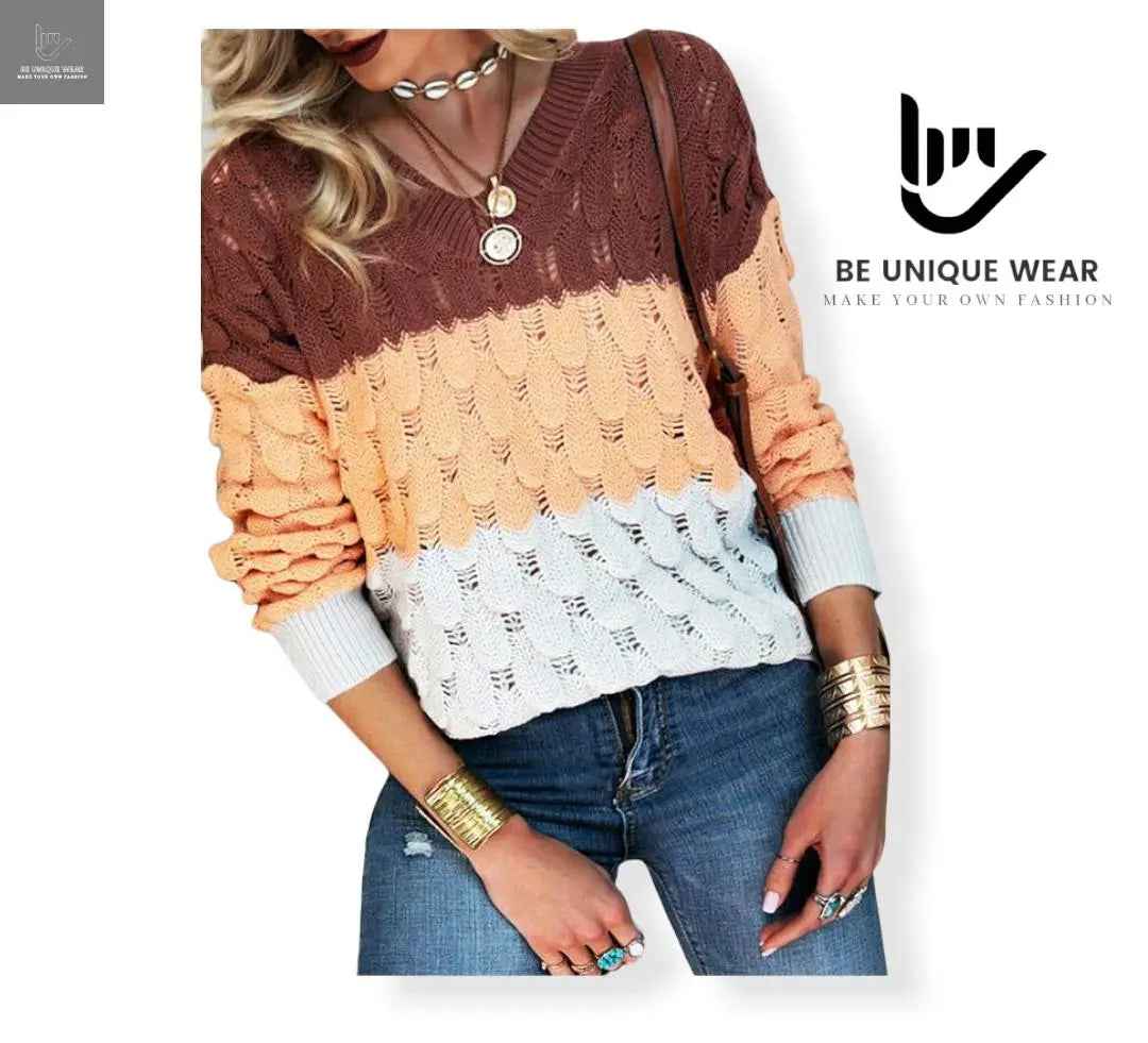 Color Block V _Neck Hollow_Out Sweater