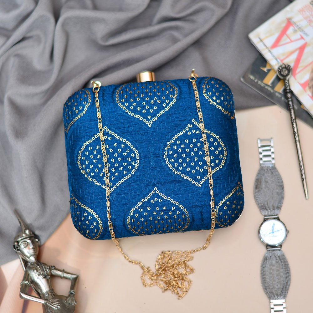 Golden Sequins And Thread Work Embroidery Clutch