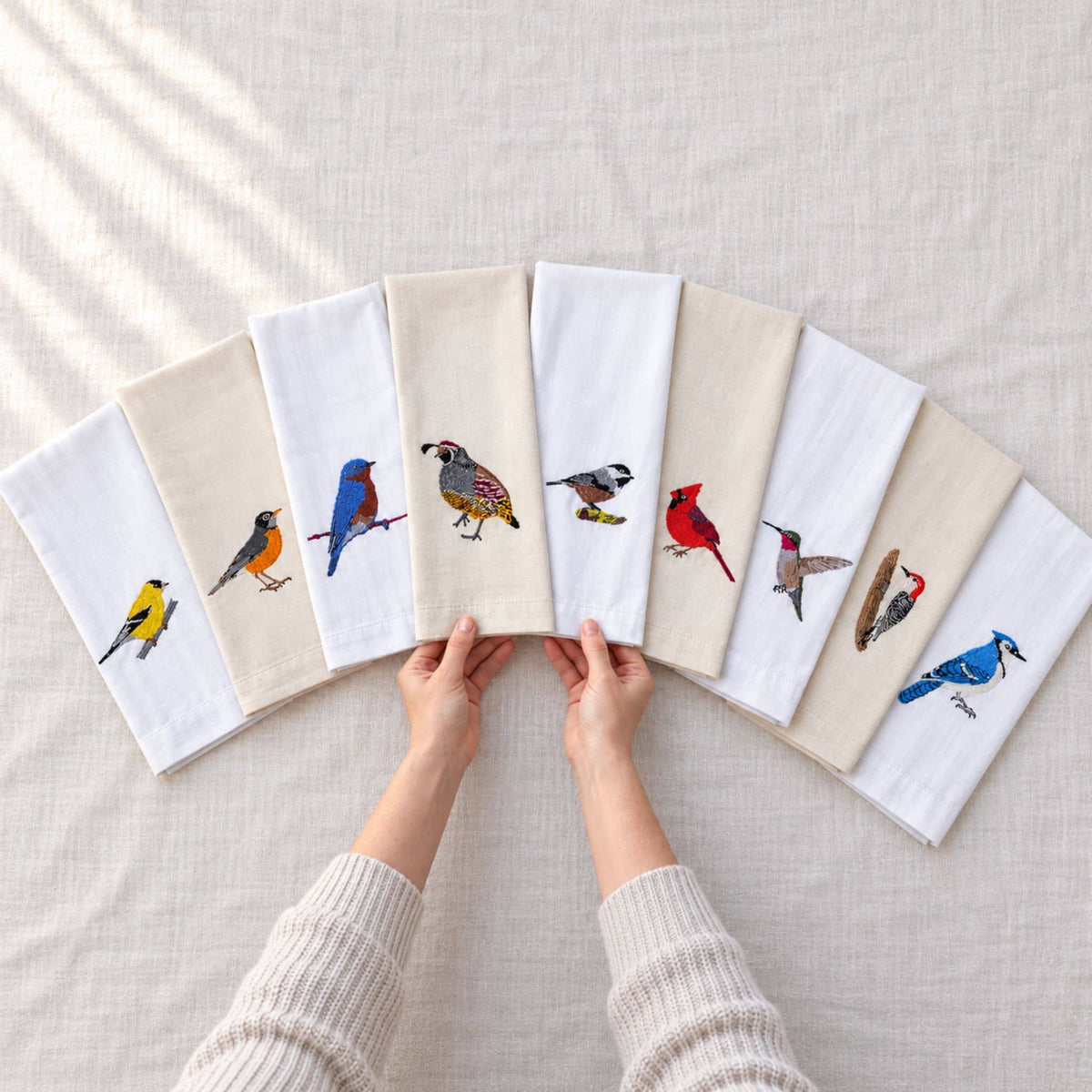 100% Cotton Tea Towels with Bird Embroidery - Kitchen Towels