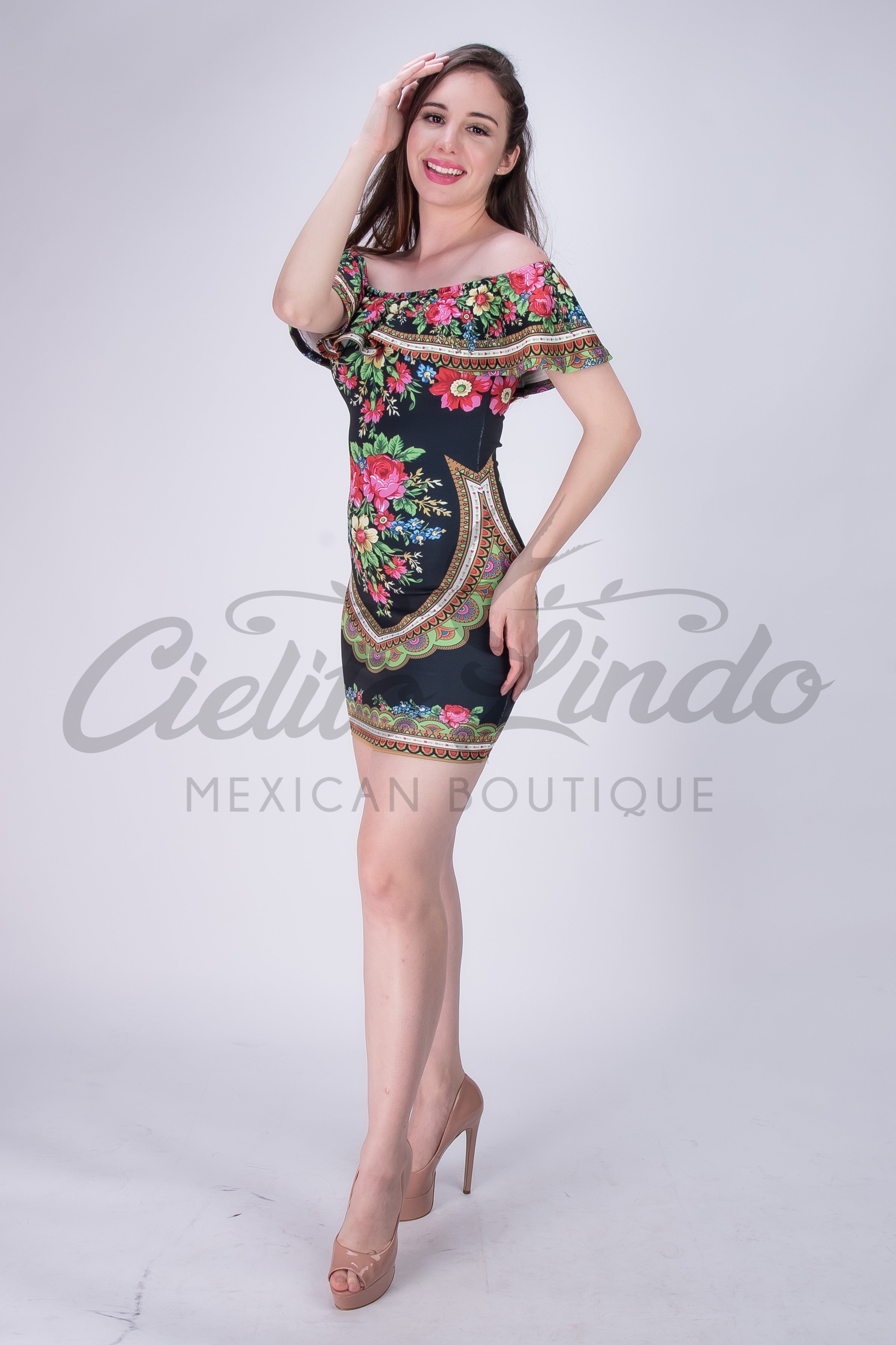 Mexican Patria Printed Dress Black